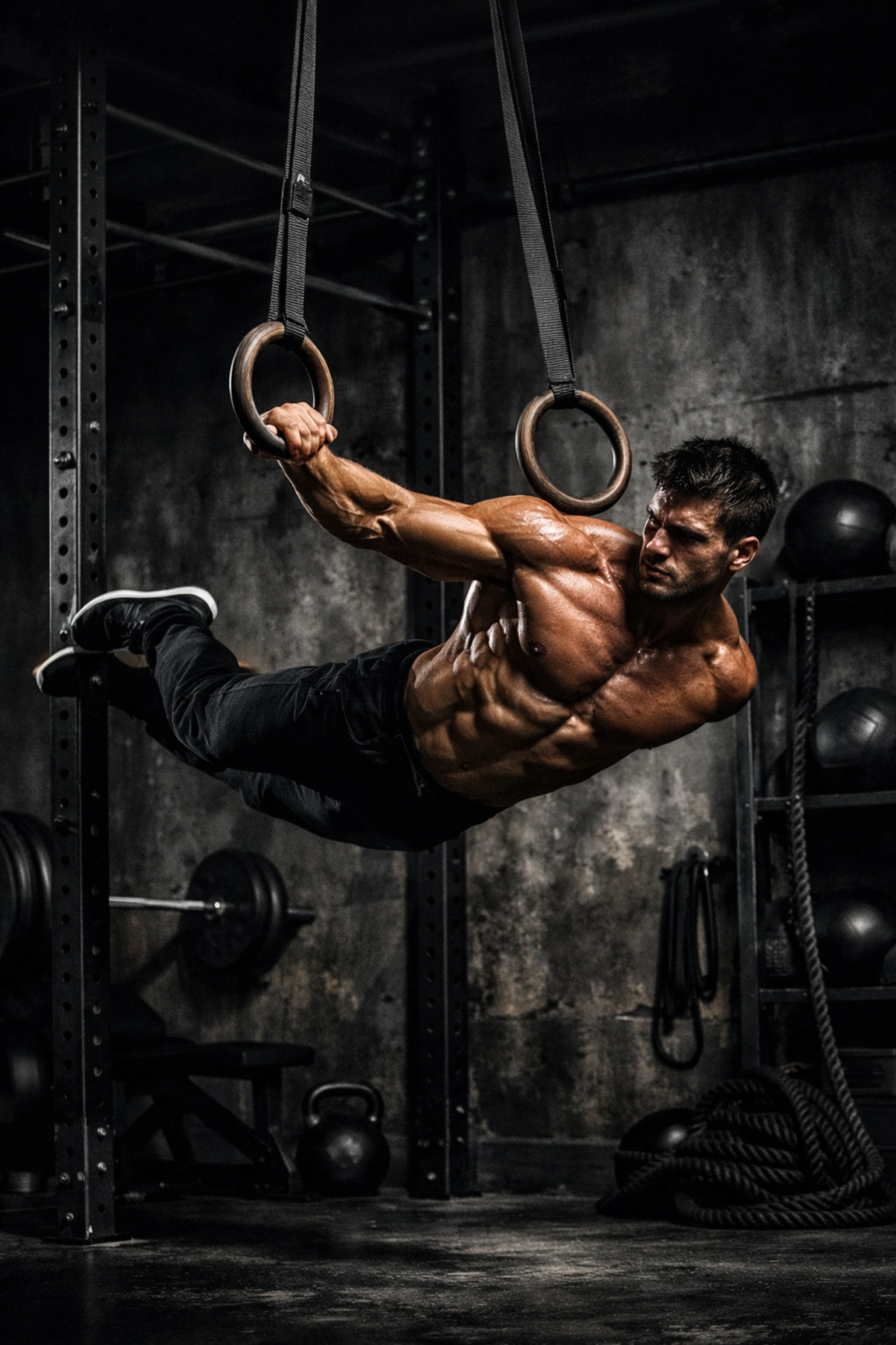 Calisthenics athlete training on gymnastic rings using a space-saving vertical anchor system.