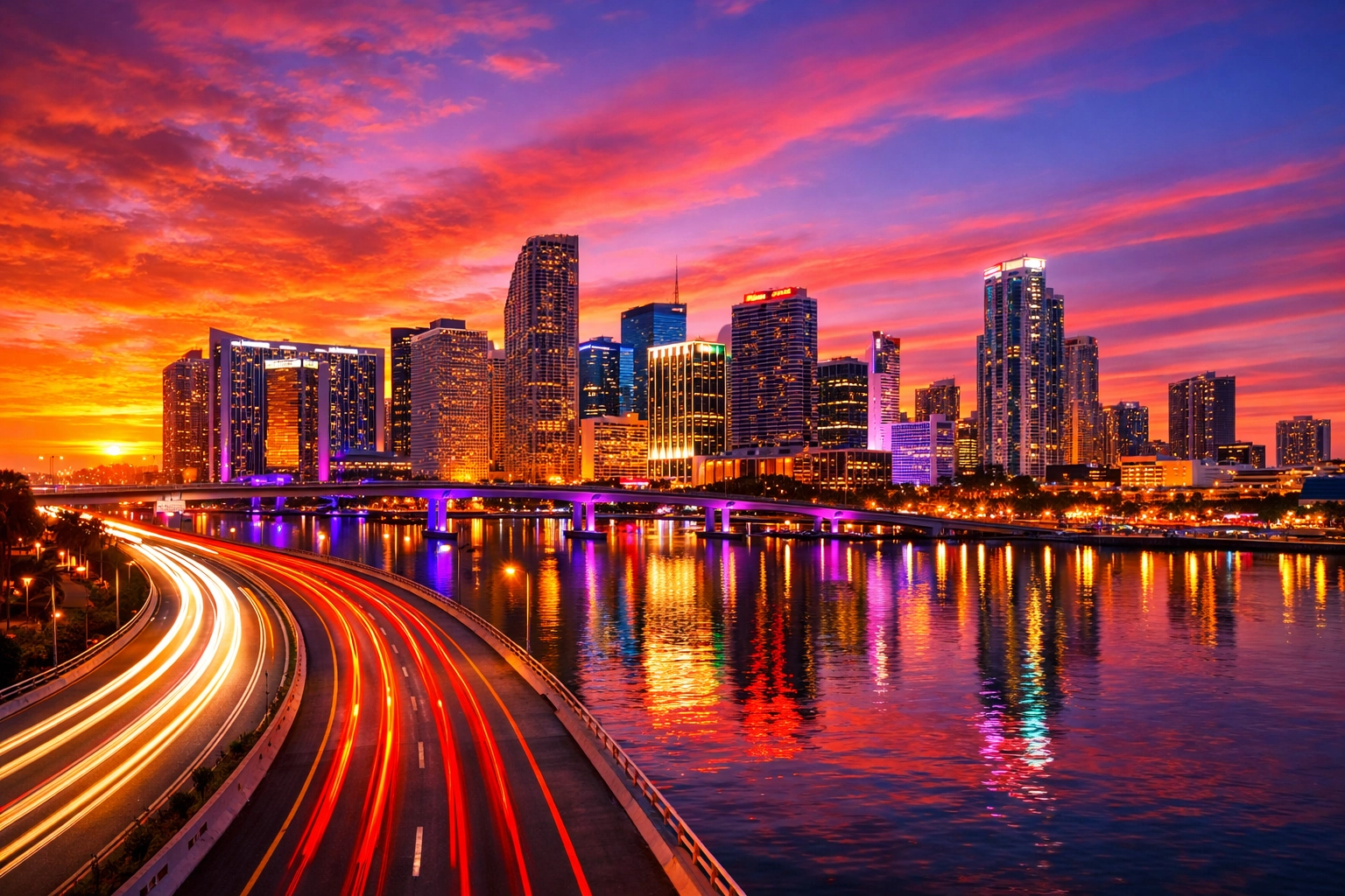 Vibrant Miami skyline at sunset, representing high-quality commercial photography and post-production.
