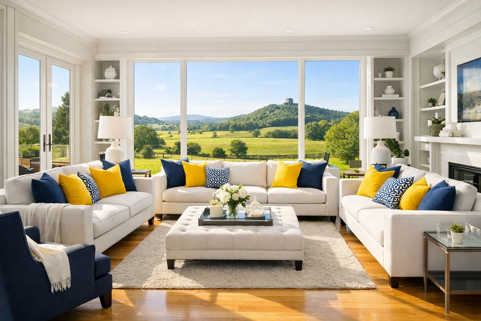 A luxury Groton living room with stunning views of Gibbet Hill, maintained by an eco-friendly cleaning service.