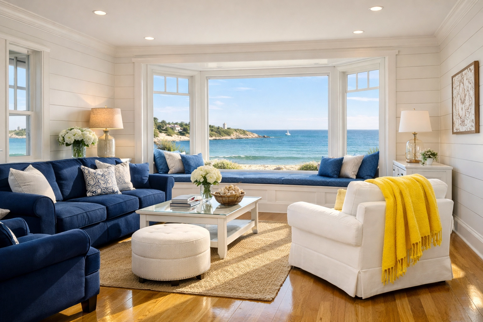 Pristine Harwich coastal living room with polished floors after professional house cleaning services.