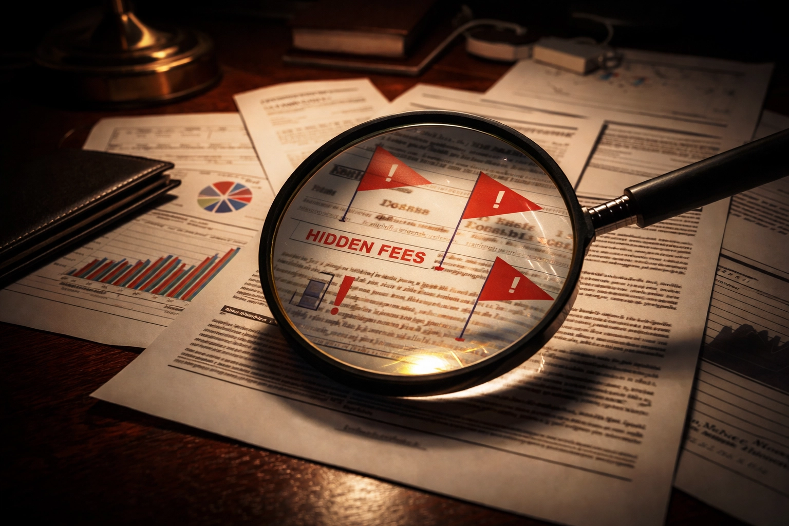Magnifying glass revealing red flags on investment documents, emphasizing due diligence and risk mitigation.