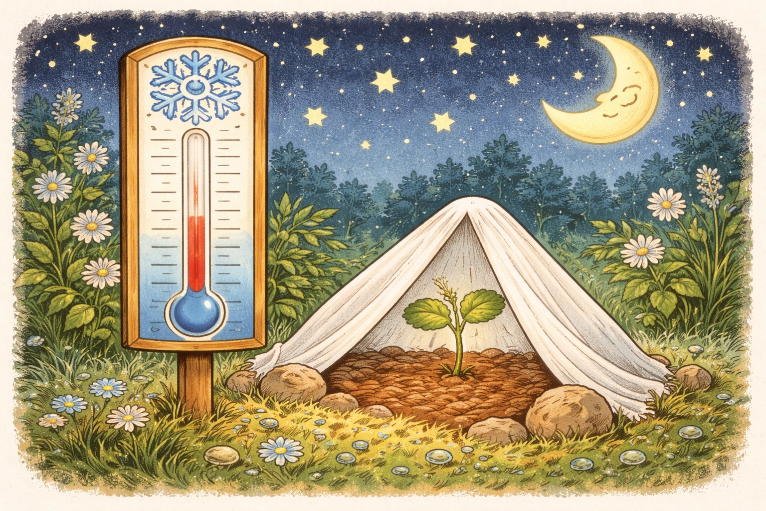 Whimsical 1950s-style storybook illustration of a garden seedling protected from frost with a simple cloth cover and a flat thermometer nearby, no text.