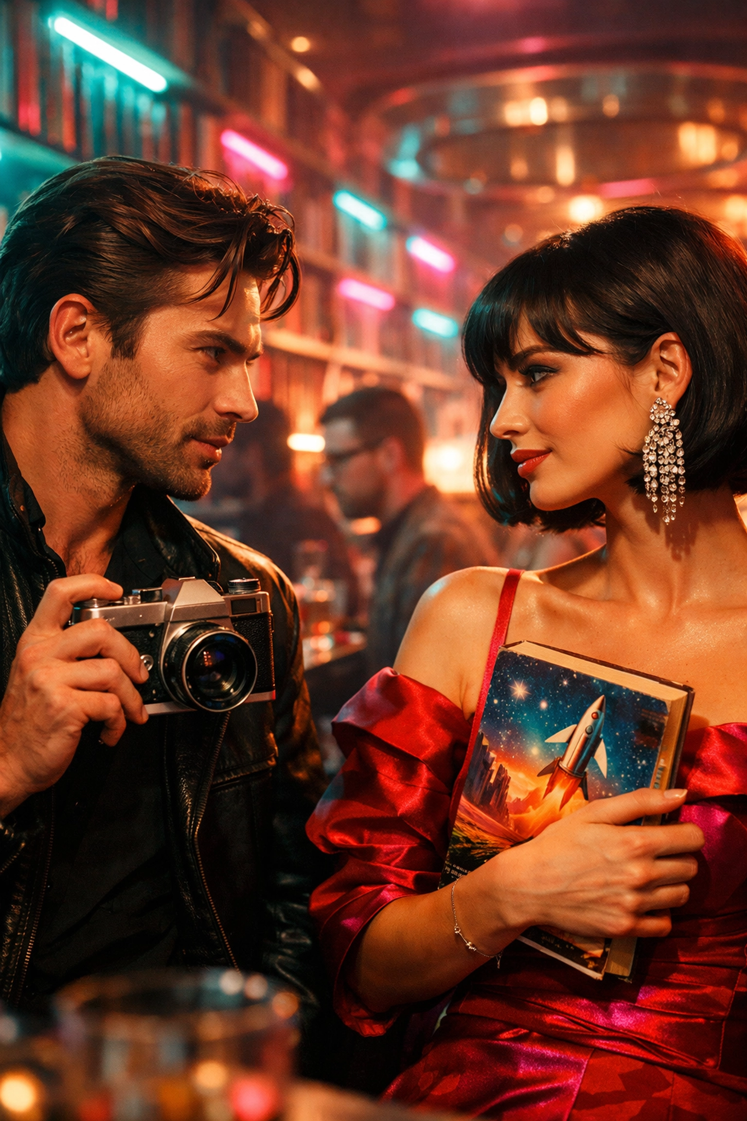 Two people making intense eye contact at a bar, showing real-life chemistry and offline flirting.