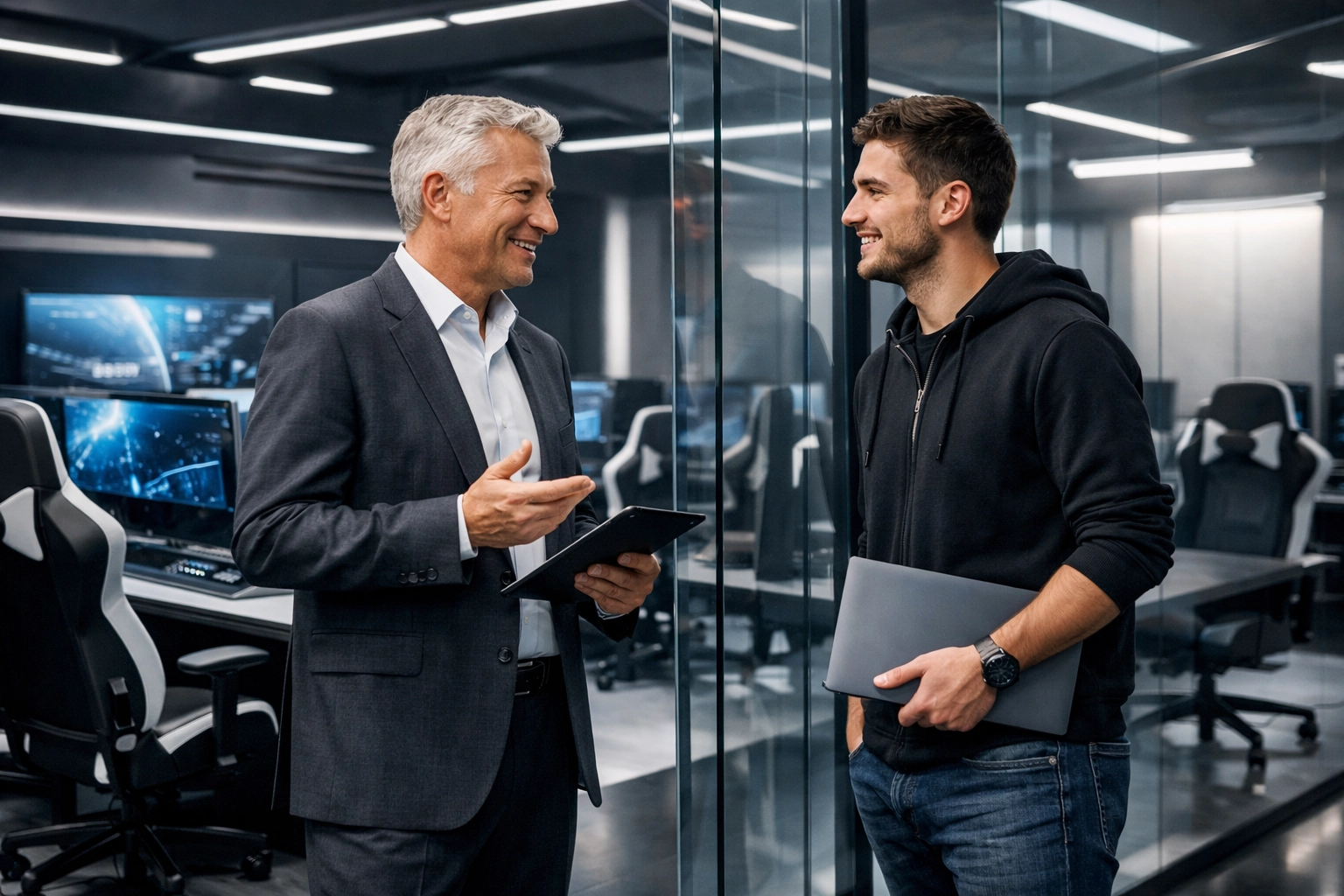 Corporate leadership collaborating with next-gen talent in a modern innovation and esports training facility.