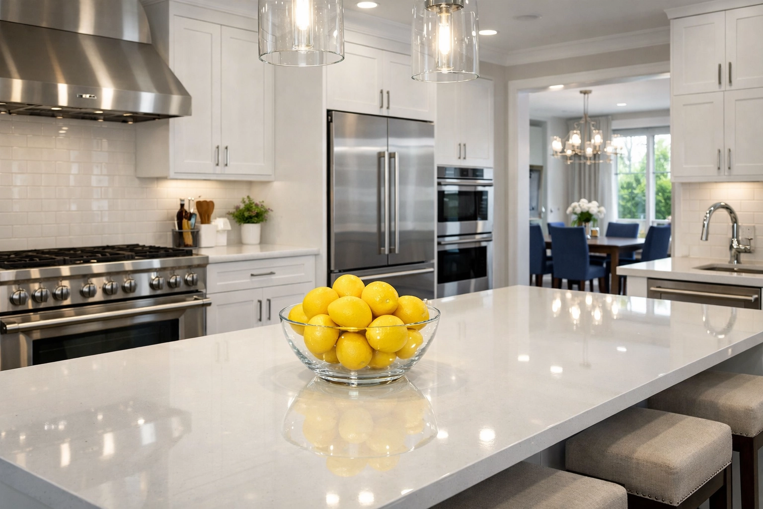 Spotless gourmet kitchen with polished quartz countertops after a professional Fitchburg Residential Cleaning visit.