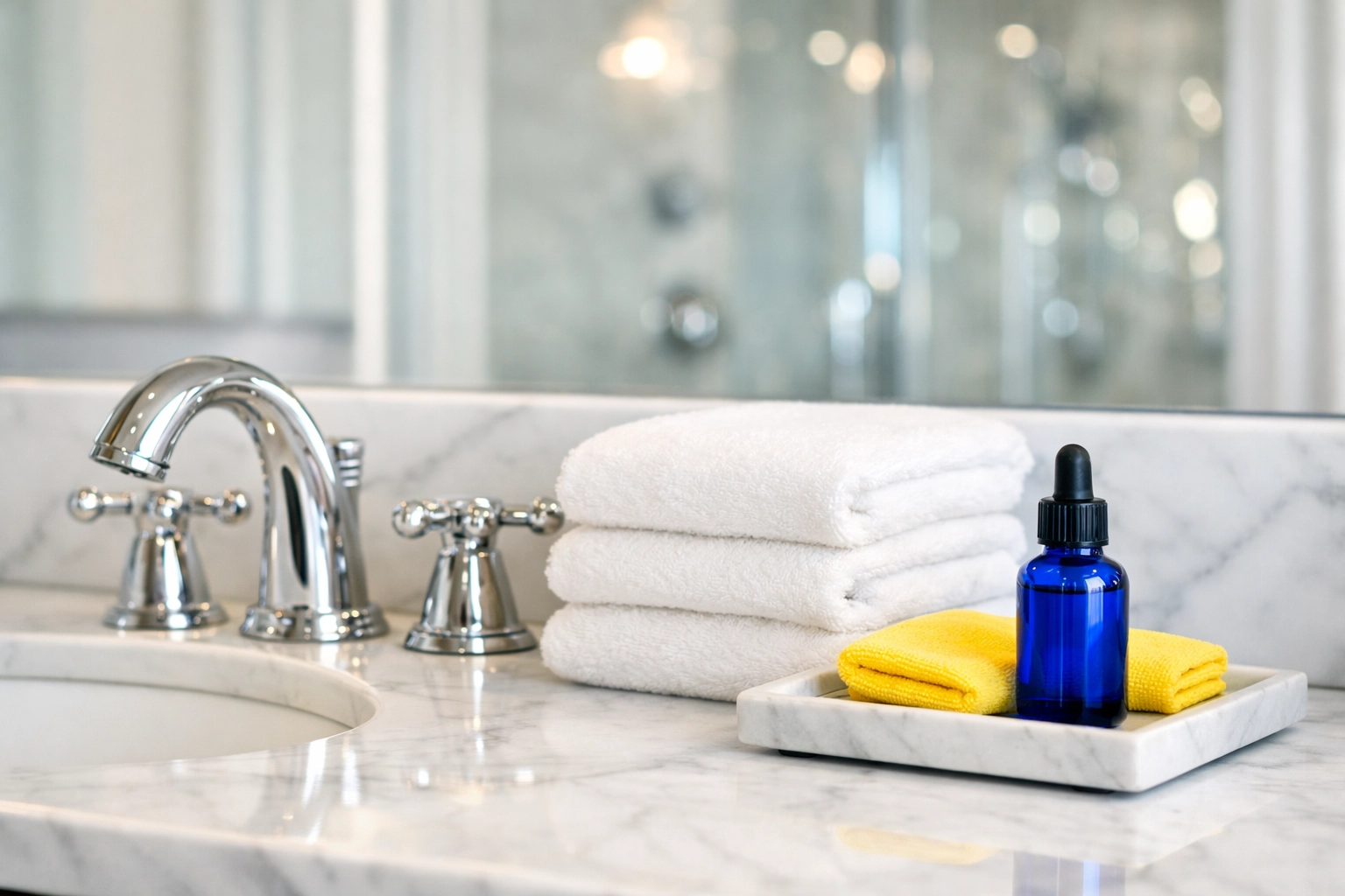 Sparkling white marble bathroom vanity and chrome fixtures deep cleaned and staged for an open house.