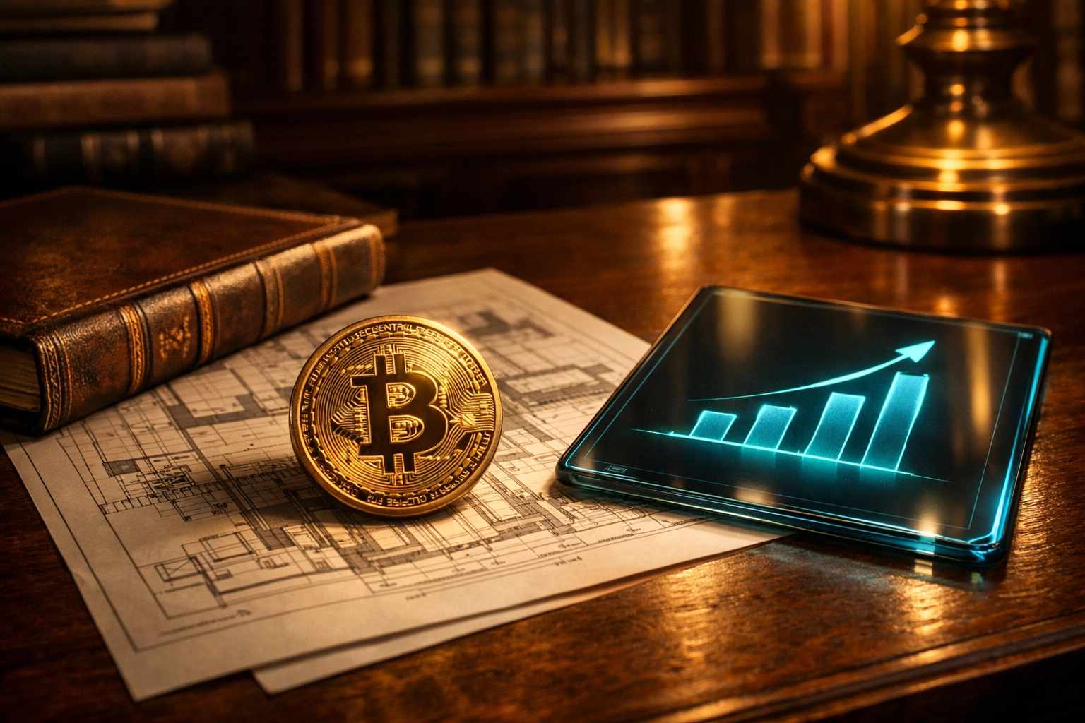 Gold Bitcoin coin on top of architectural blueprints, representing a modern multi-generational asset strategy.