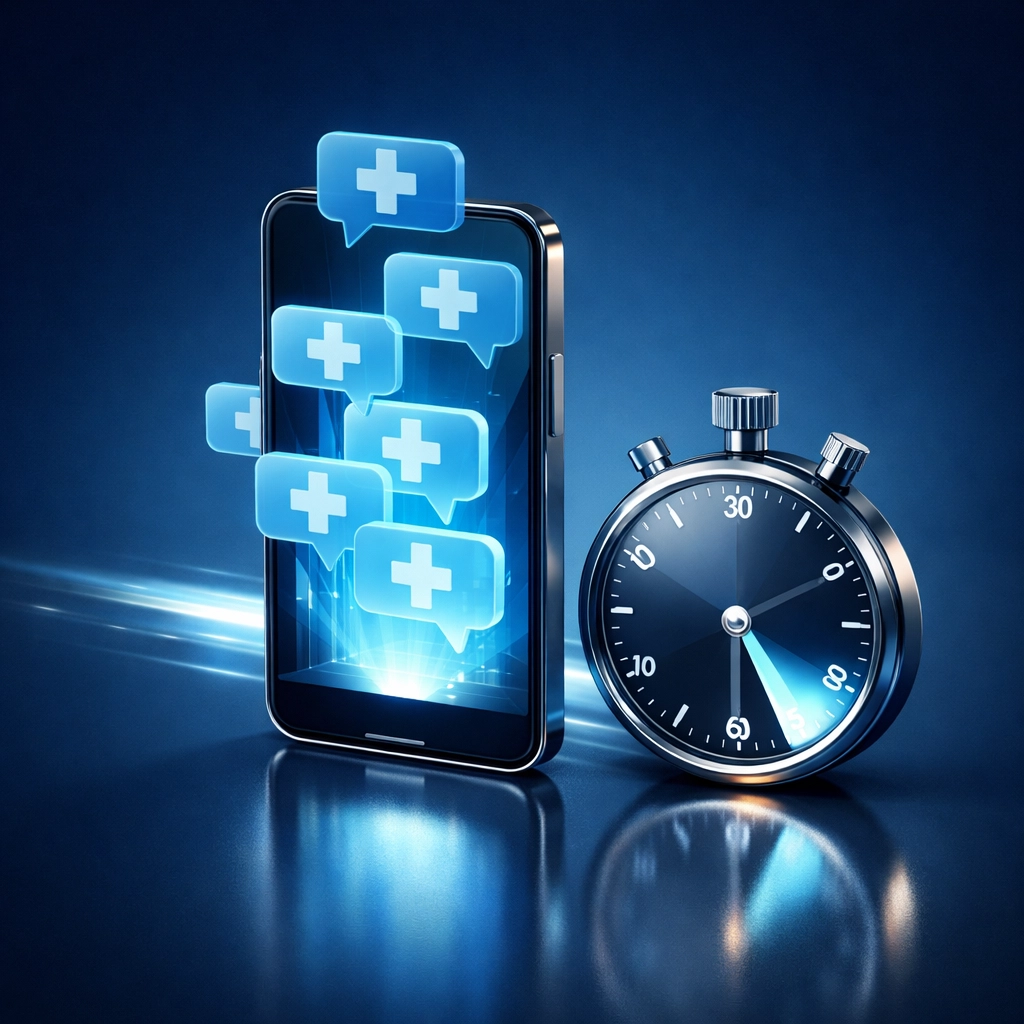 Smartphone showing medical chat bubbles and a stopwatch representing fast 24/7 online doctor response times.