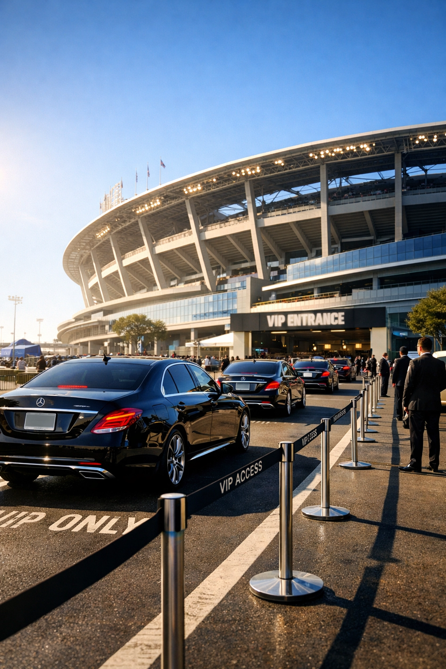 Fleet of black luxury sedans using a dedicated VIP transport lane at a Super Bowl stadium entrance.