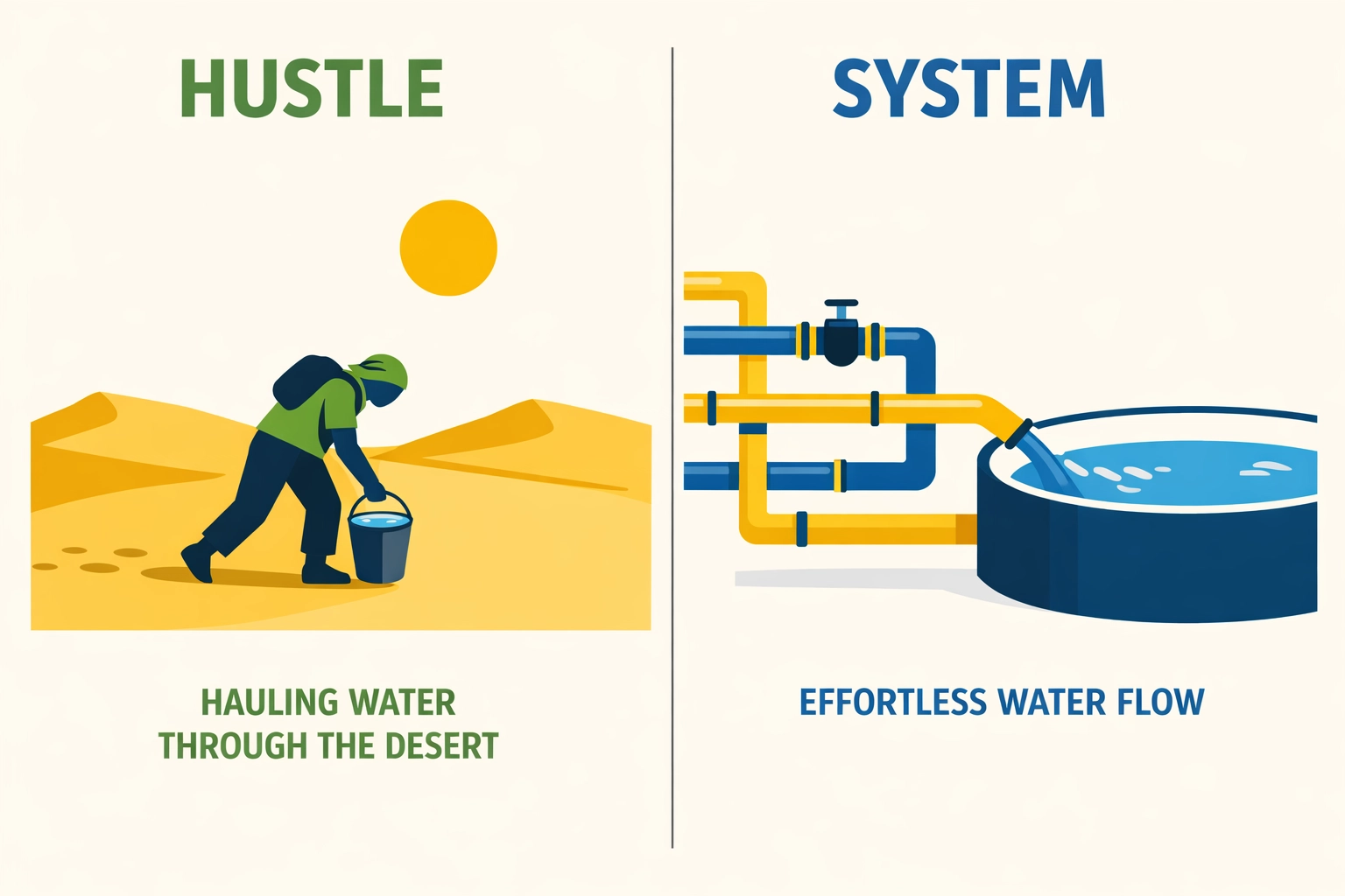 A split illustration of manual business hustle versus efficient automated infrastructure.