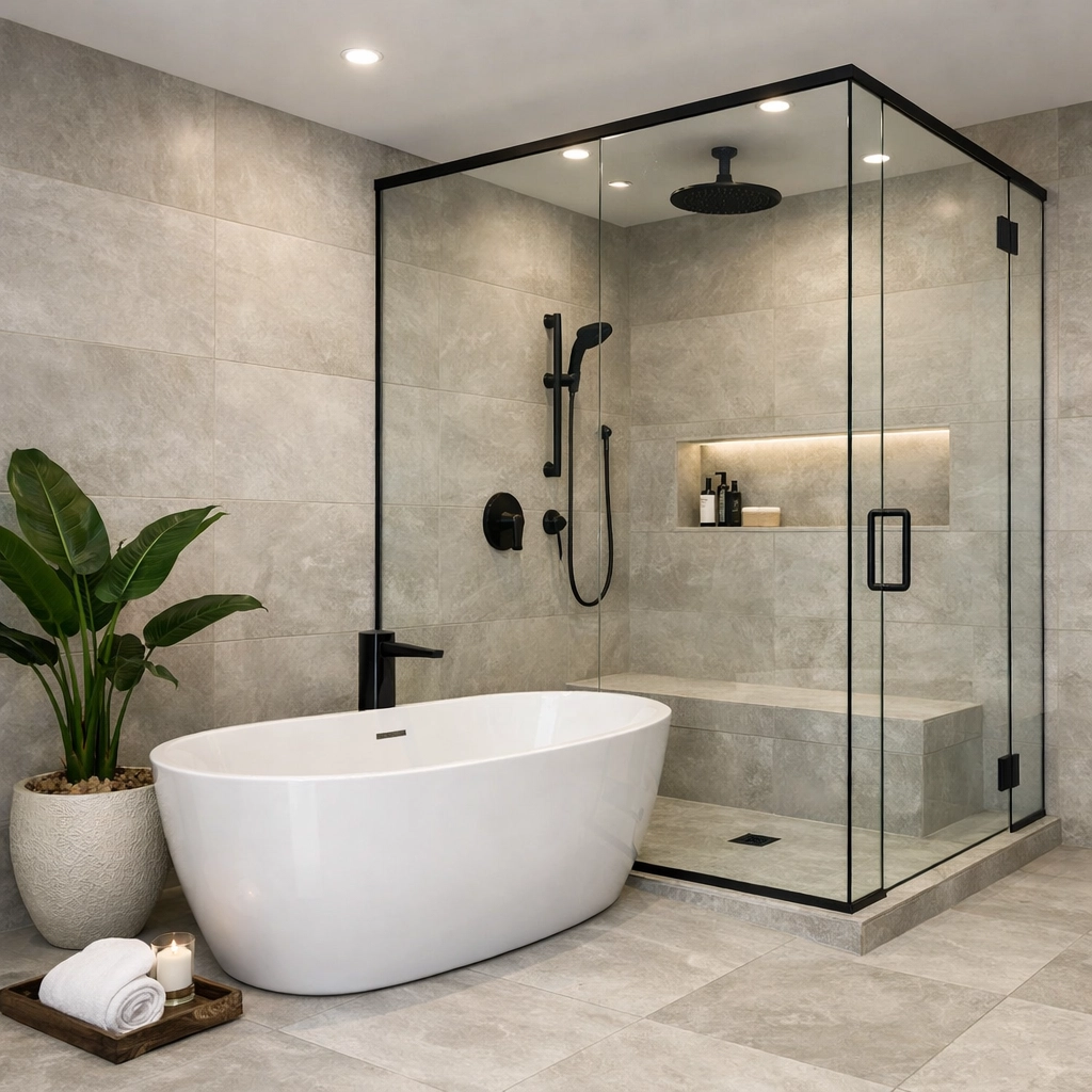 Luxury bathroom renovation Orlando with a freestanding soaking tub and modern tile wet room.