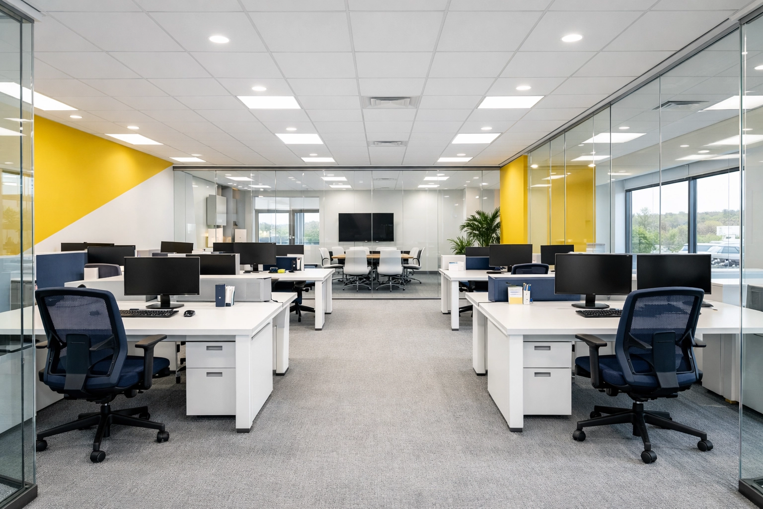 Sanitized commercial office cleaning in Southborough featuring gleaming desks and glass partitions.