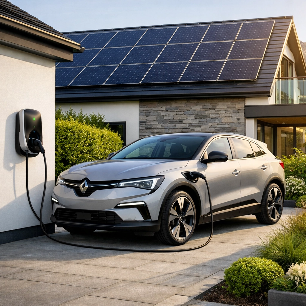 An electric vehicle charging at a home in Bournemouth with solar panels visible on the roof.