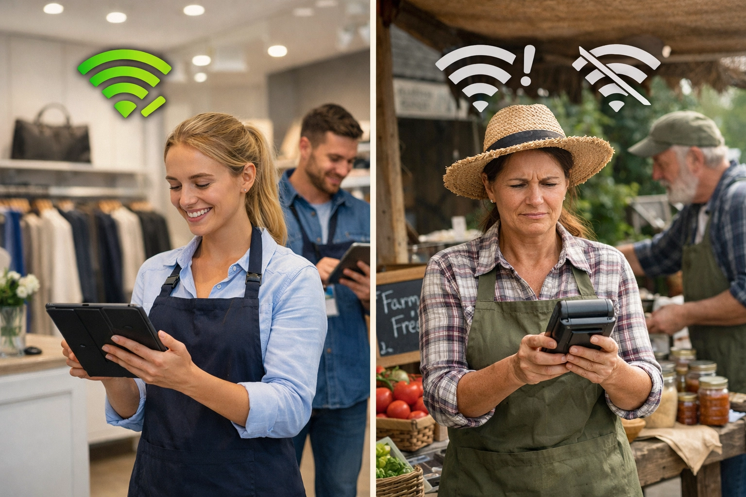 Retail connectivity comparison showing reliable urban shop POS versus rural market stall with poor signal