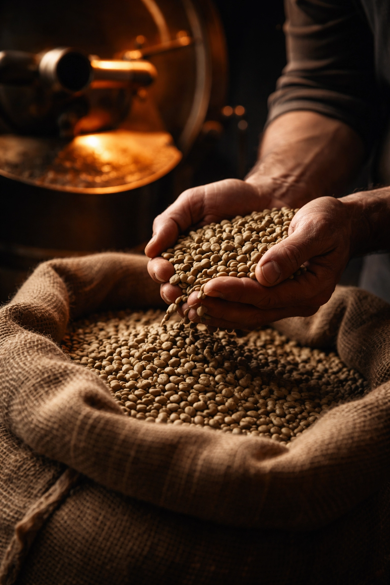 Hands inspecting green coffee beans beside roasting drum, representing quality control in Brisbane roasteries.