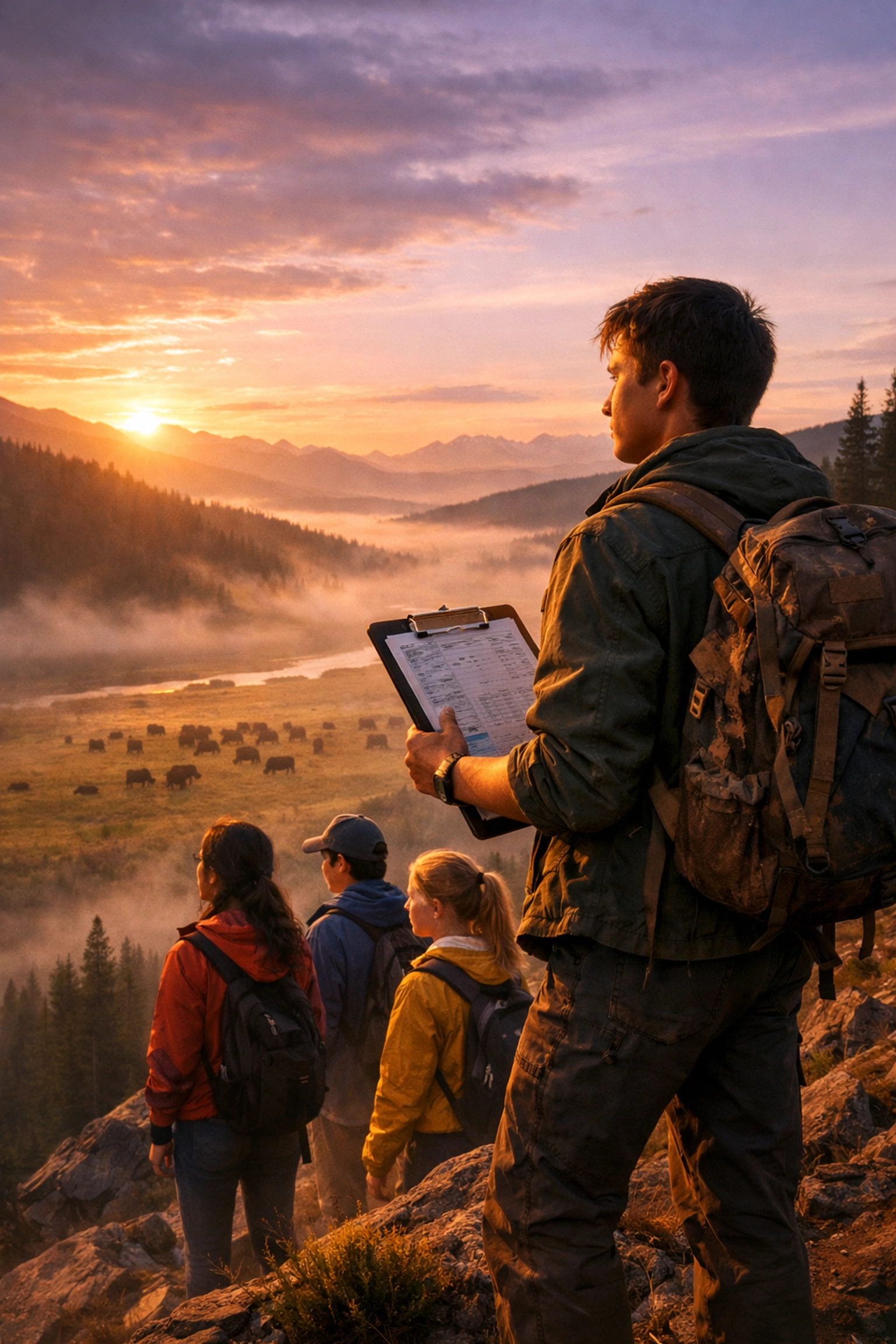 High school students participating in a conservation leadership program overlooking Yellowstone's Lamar Valley.