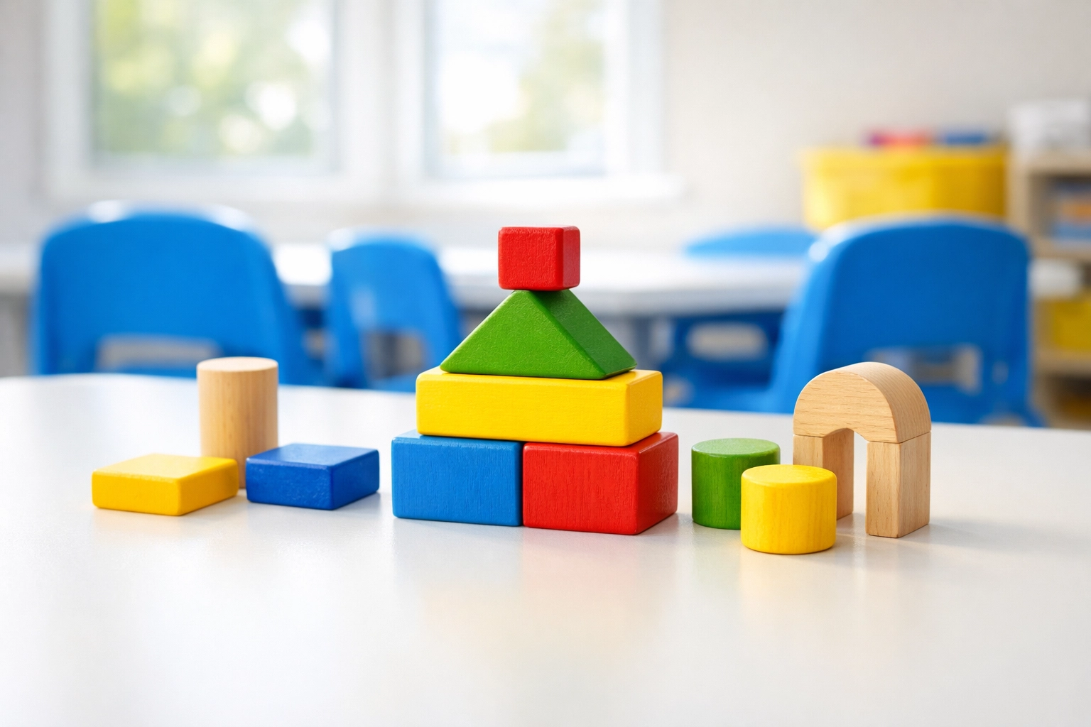 Sanitized daycare learning station in Fall River with organized blocks and clean white surfaces.