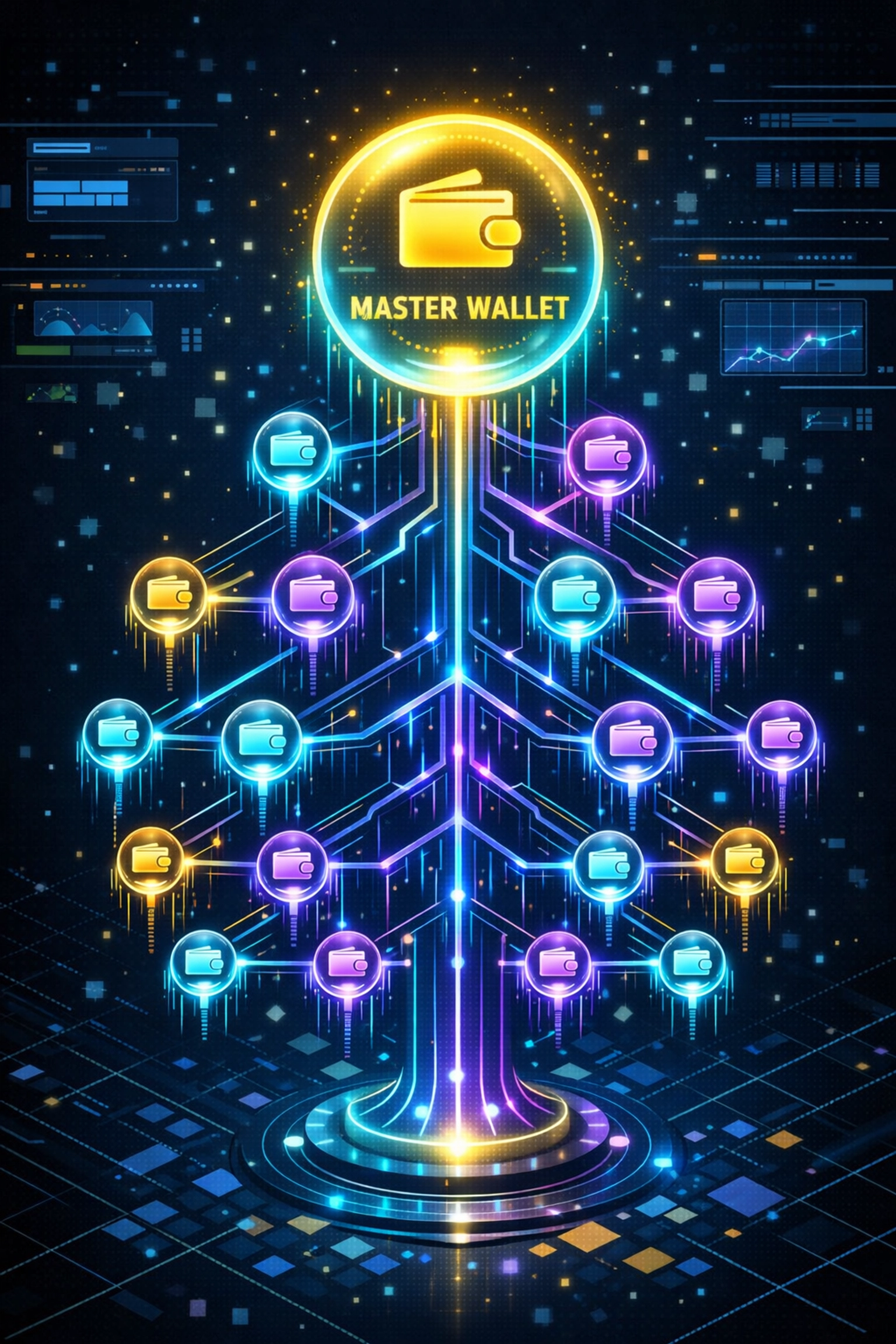 Master/sub-wallet architecture diagram showing hierarchical payment structure for businesses