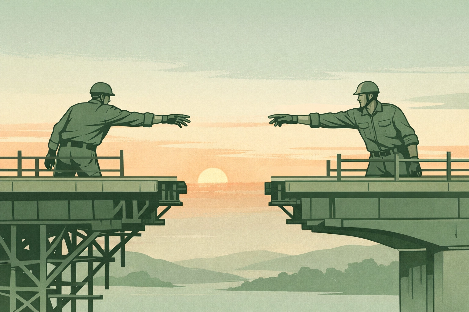 Two military engineers reach across bridge gap symbolizing trust in MM romance