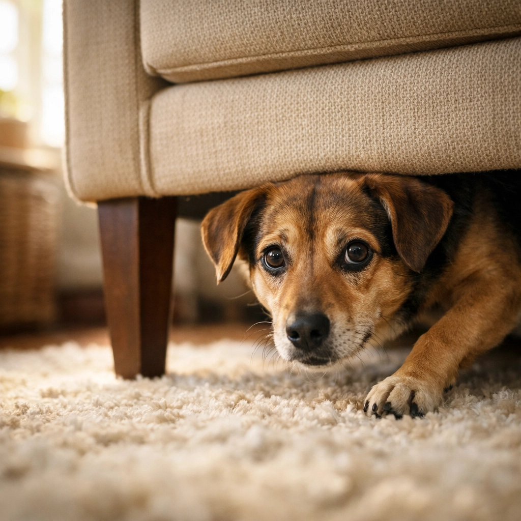 Nervous rescue dog cautiously emerging from under chair during first week of foster care