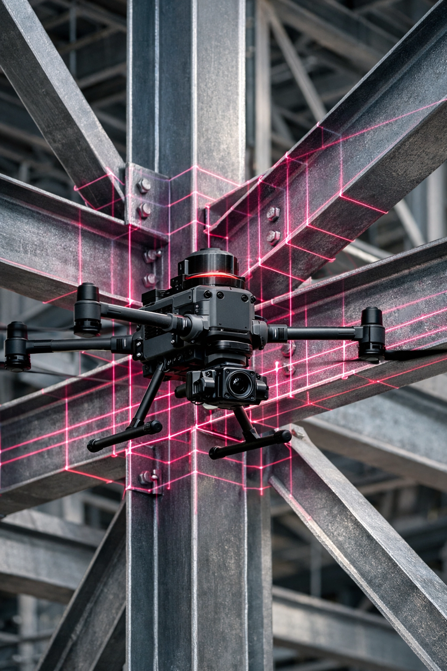 Aerial drone using LiDAR sensors to perform precise structural steel inspections on a construction site.