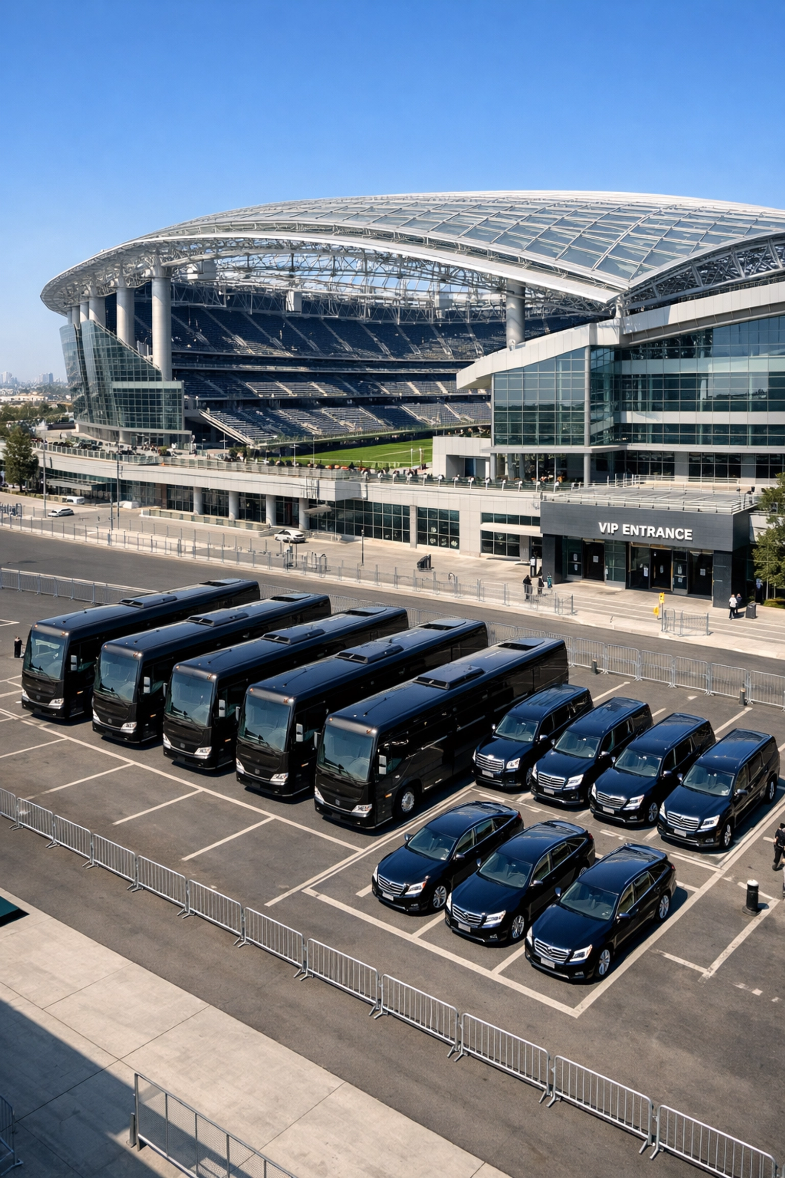 Luxury transportation fleet parked in a restricted VIP zone at a major sports stadium for executive access.