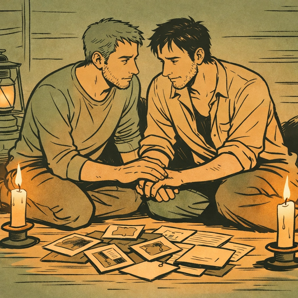 Male couple examining secrets by candlelight in gay murder mystery novel
