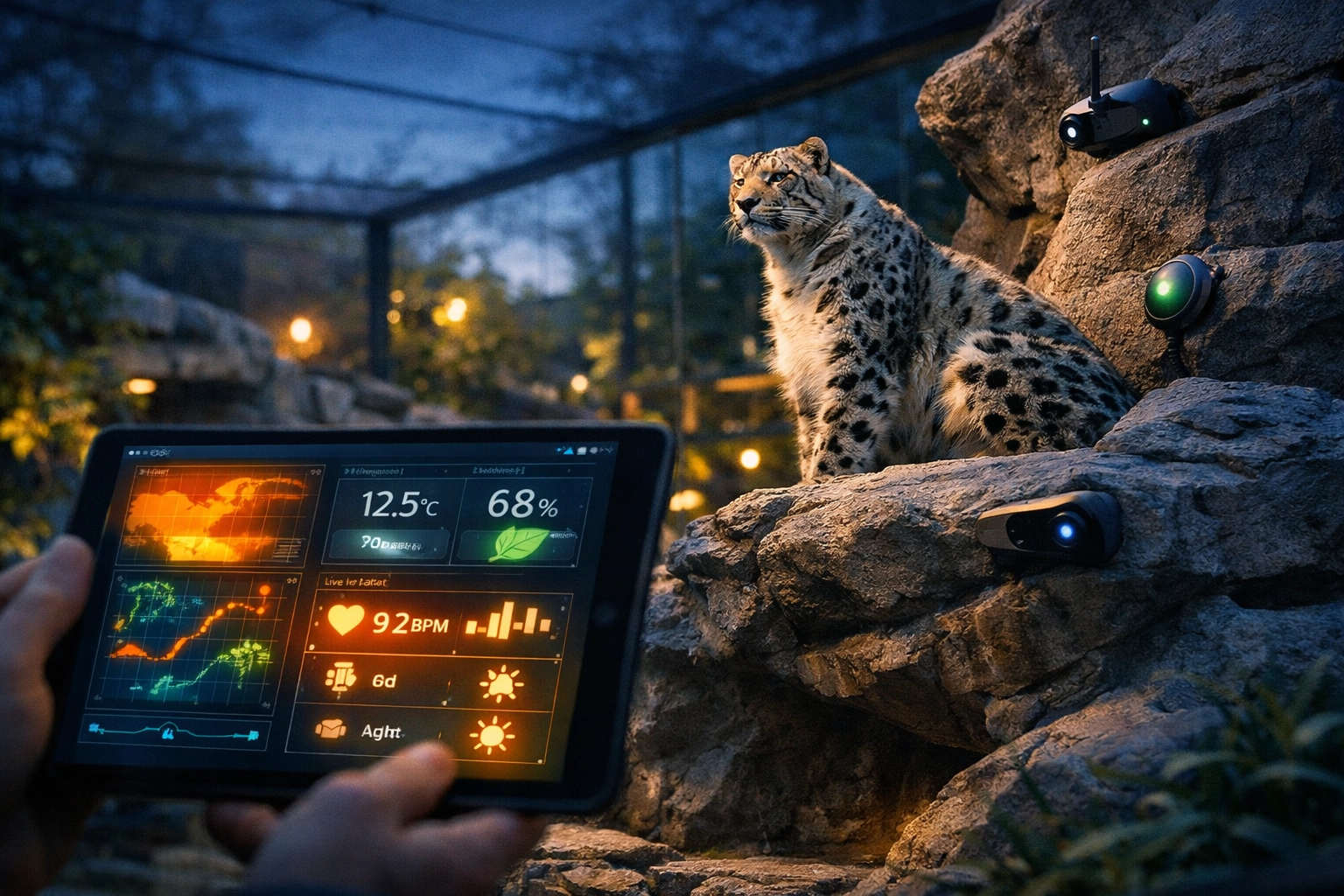 A digital dashboard displays IoT sensor data to monitor animal welfare in a smart zoo habitat.