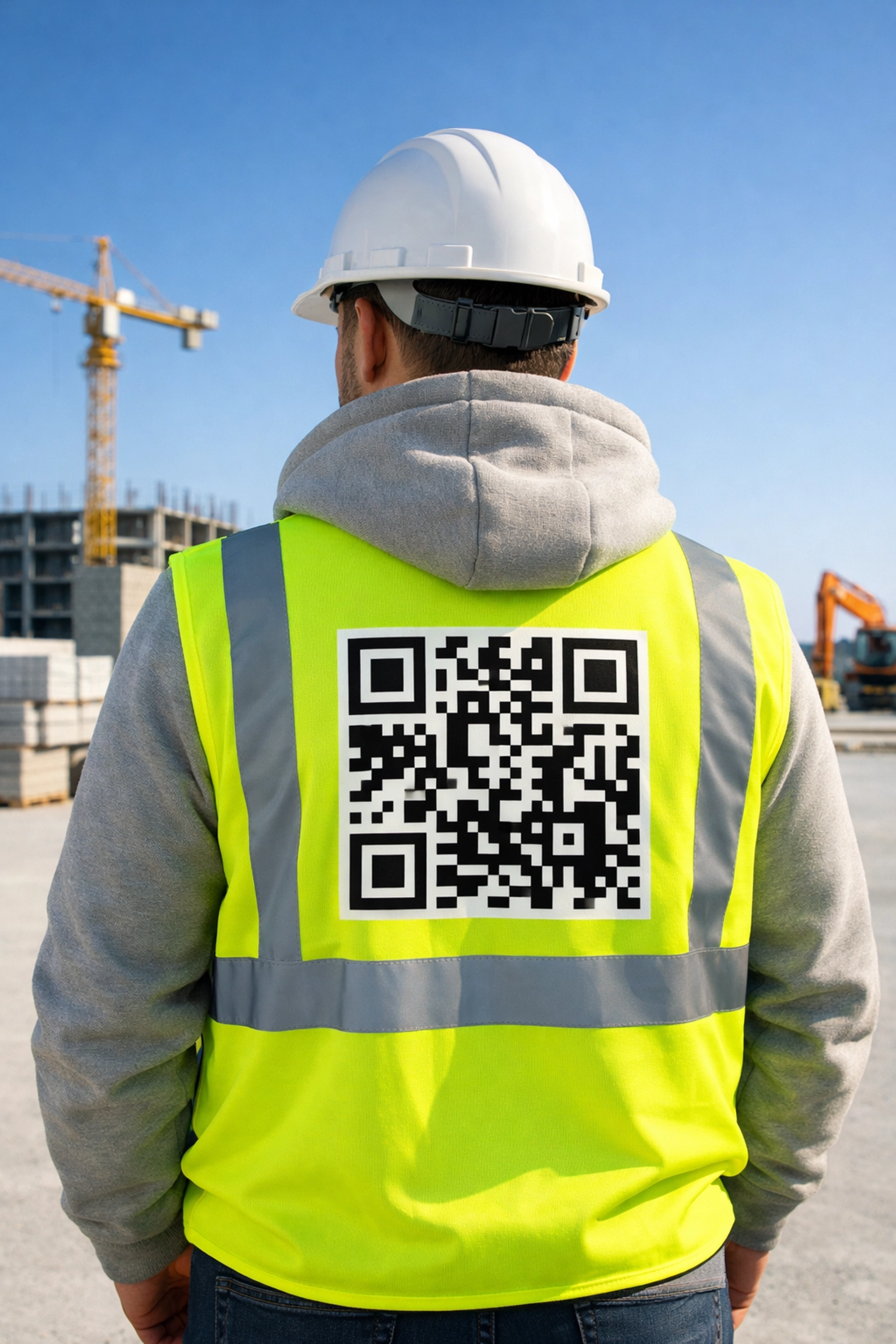 High-visibility construction safety vest featuring a custom QR code for recruitment and site safety.
