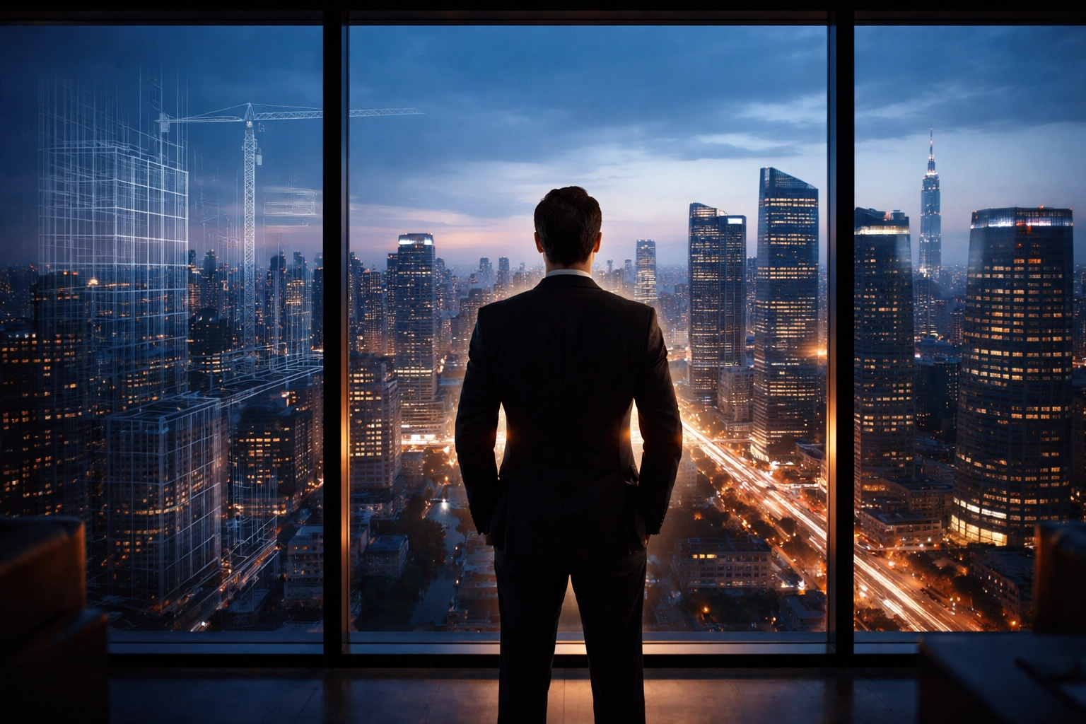 Executive standing at office window overlooking city, illustrating framework reconstruction in executive performance