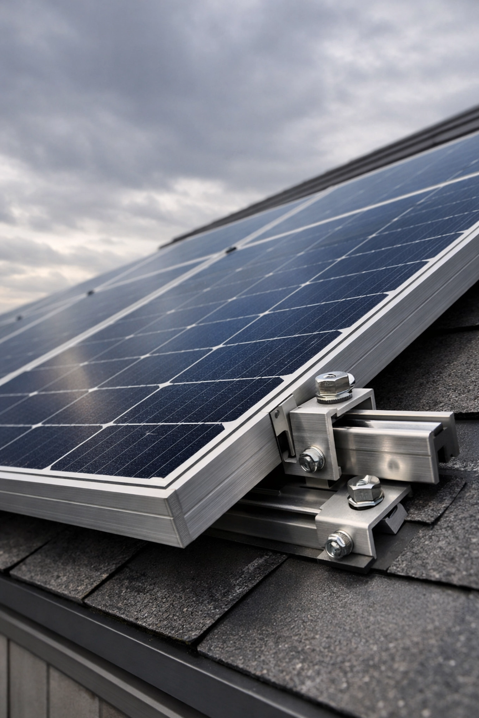 Close-up of durable solar panel hardware and cells on a roof installation for long-term energy efficiency.