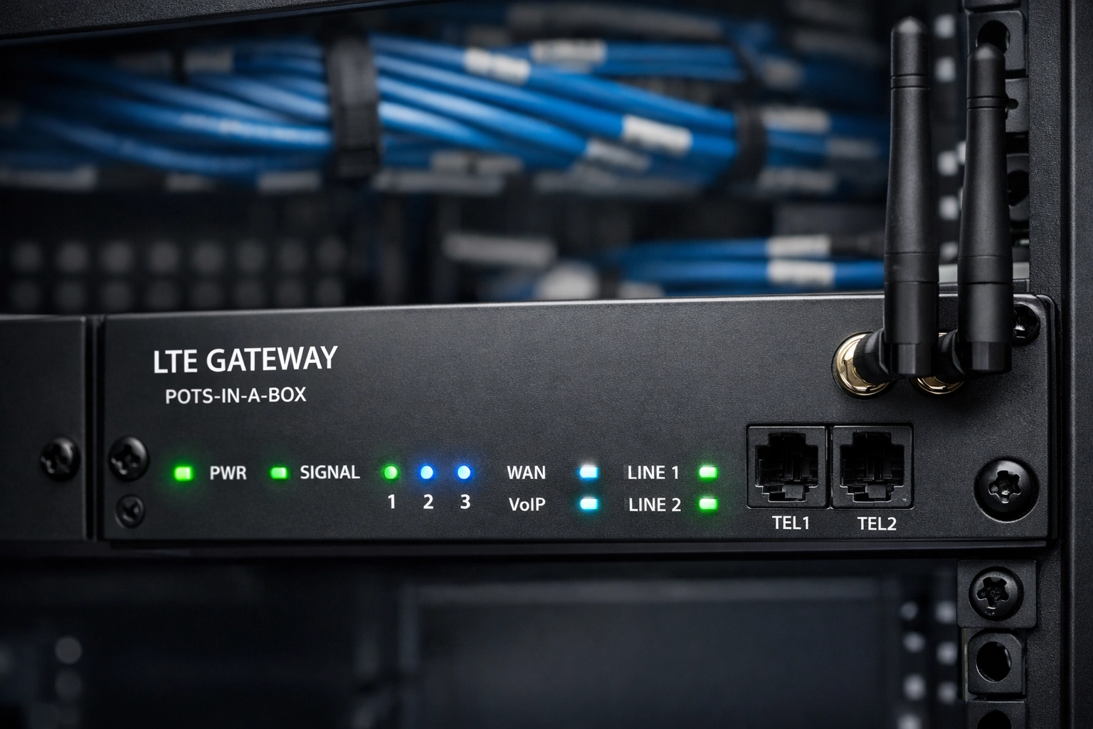 Industrial LTE gateway device in a server rack, a reliable POTS replacement solution for multi-site businesses.