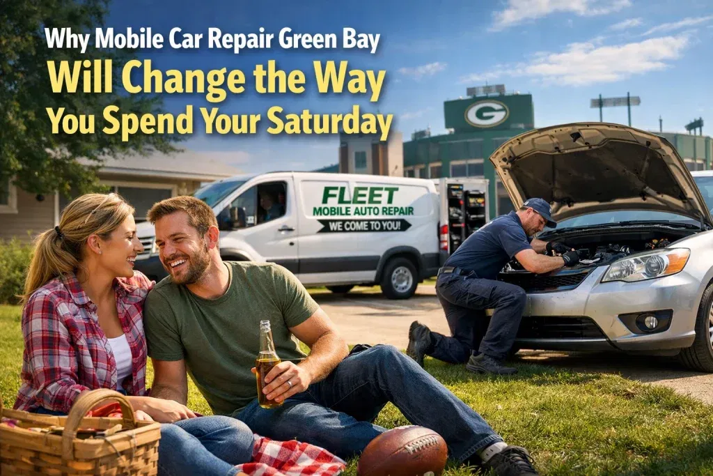 A mobile auto technician works under the hood of a car parked outside a home, while a relaxed couple enjoys their day nearby