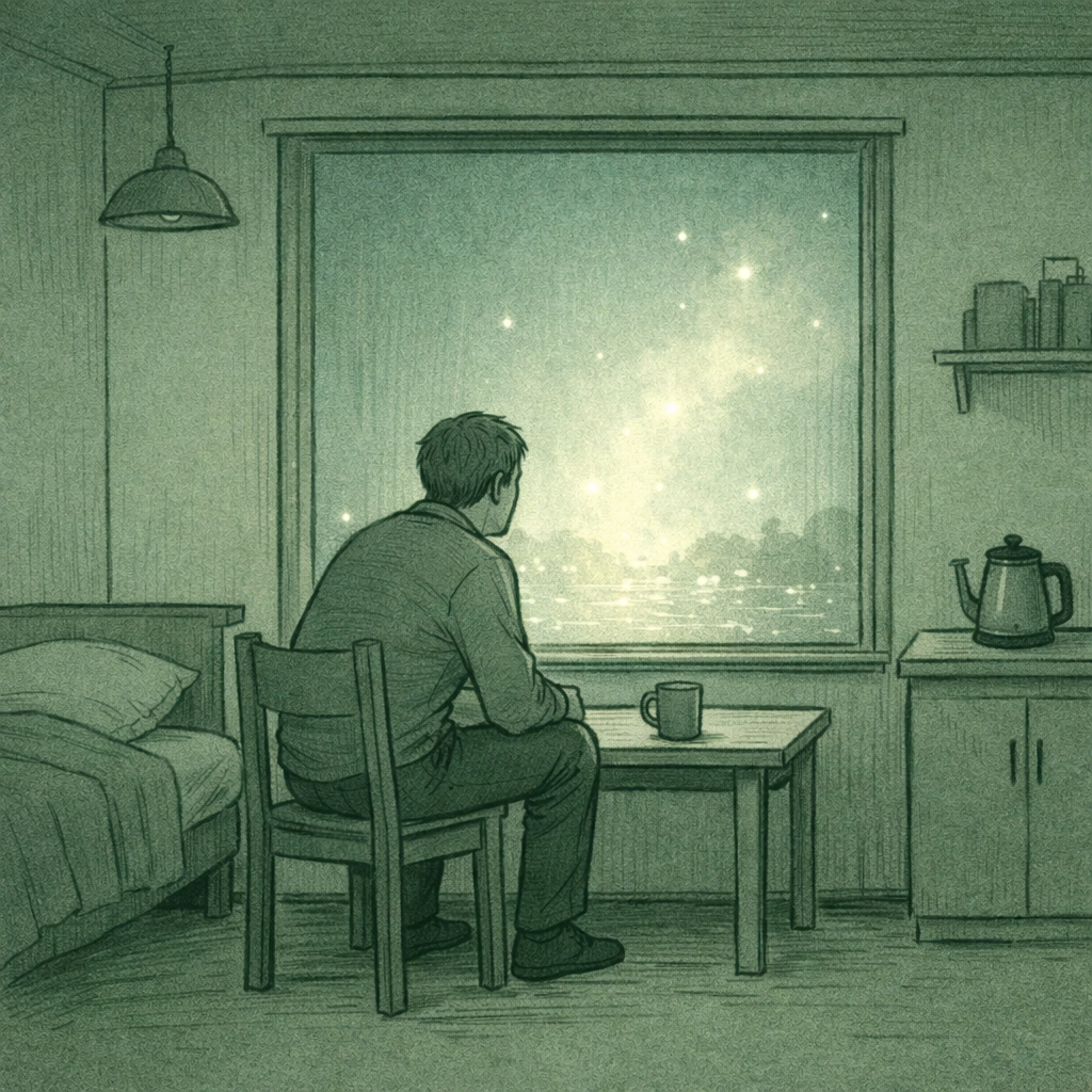 Lonely gay man gazing from apartment window into dreamlike night - solitude and longing