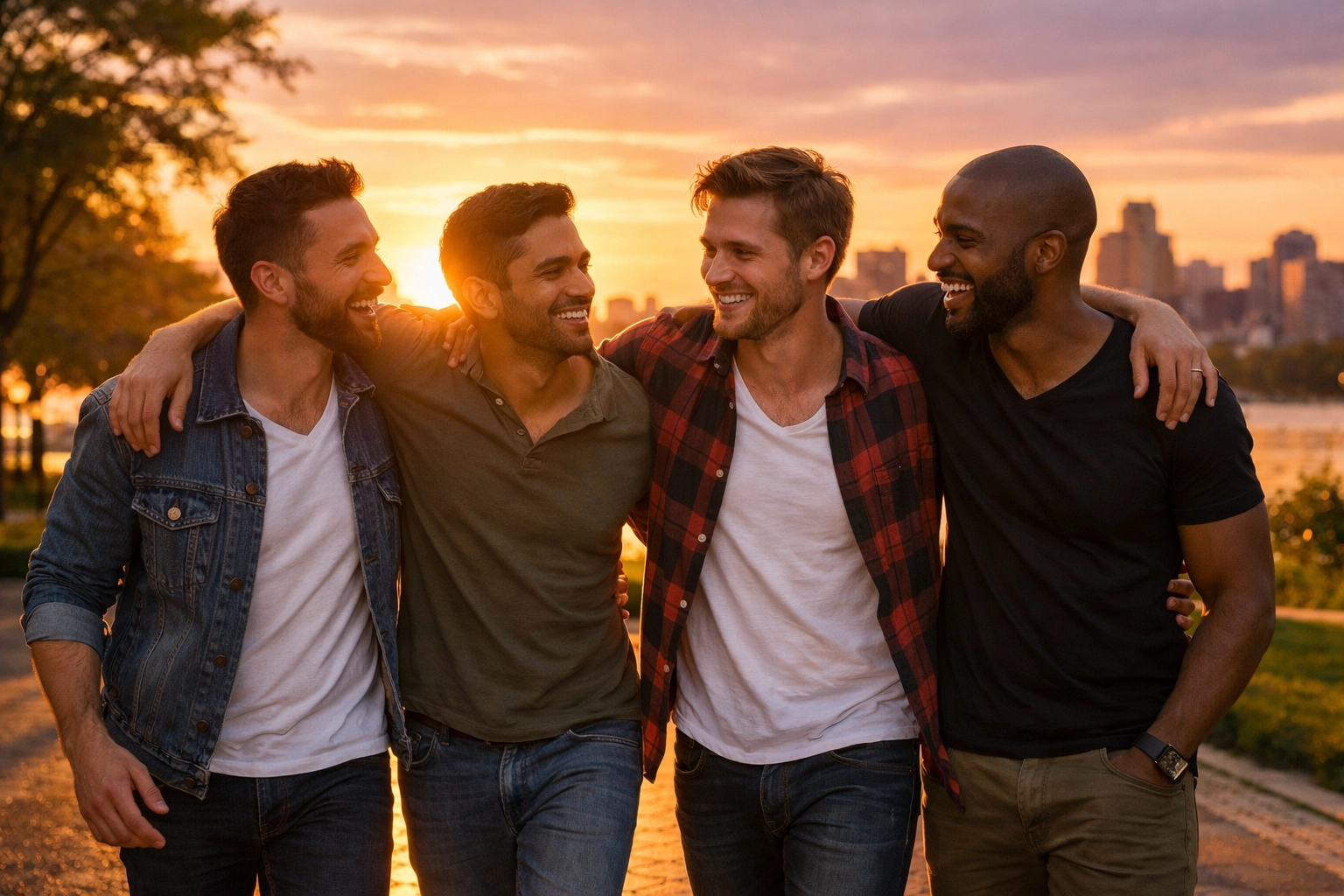 Four gay and bi men walking together in a park at sunset, embodying the found family trope in queer fiction.