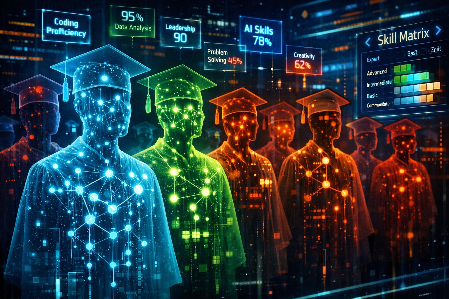 Graduate candidates showing varied skill levels through AI competency assessment