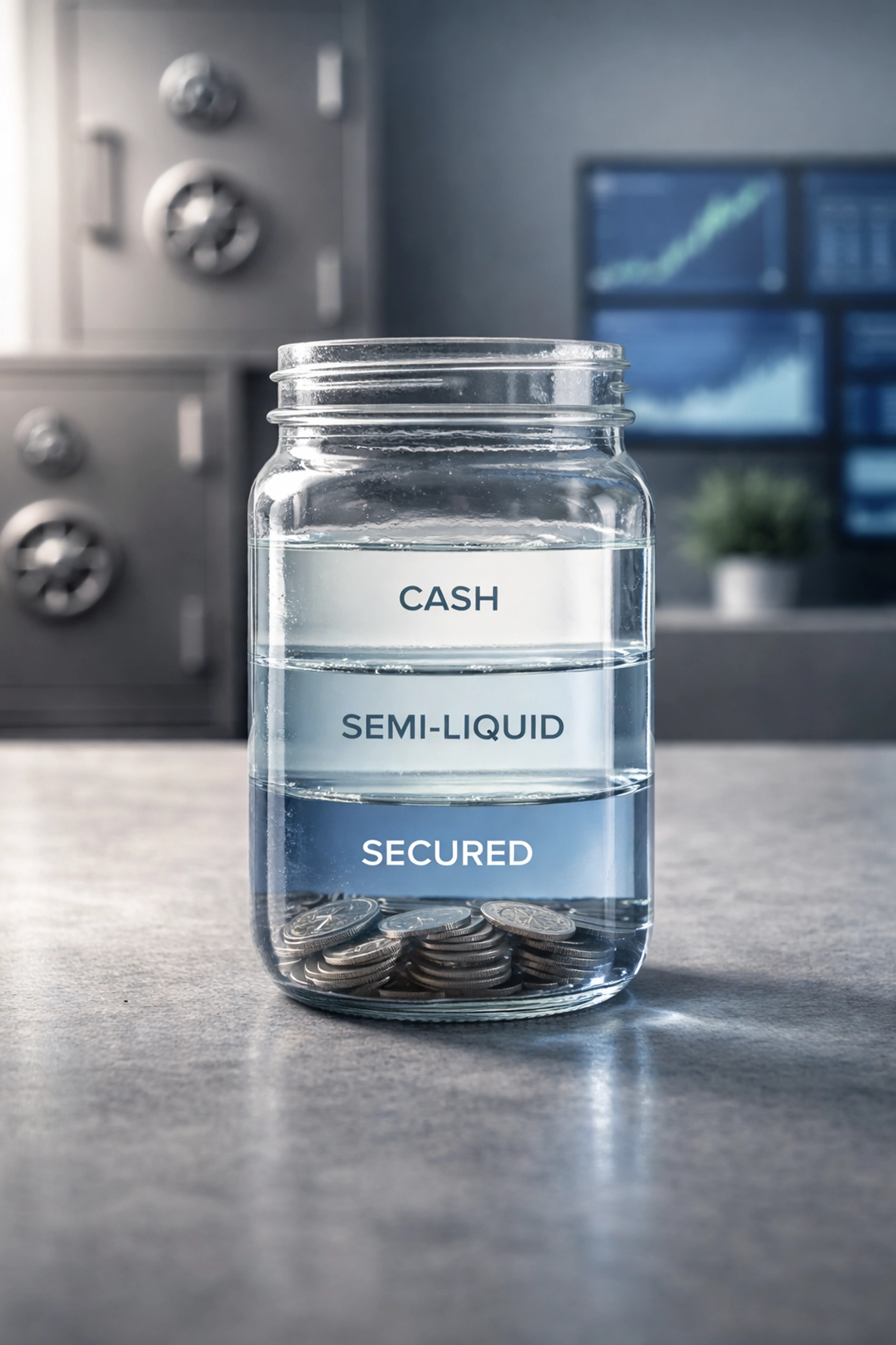 Glass jar with water levels and financial symbols depicting the concept of semi-liquid private equity investments.