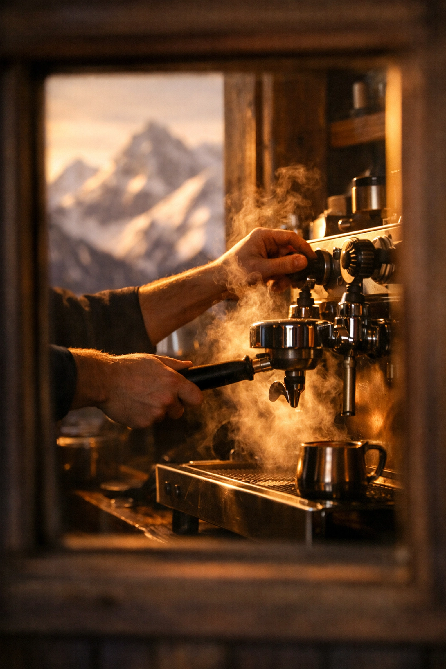 Barista brewing espresso at high altitude mountain cabin with steam rising from portafilter