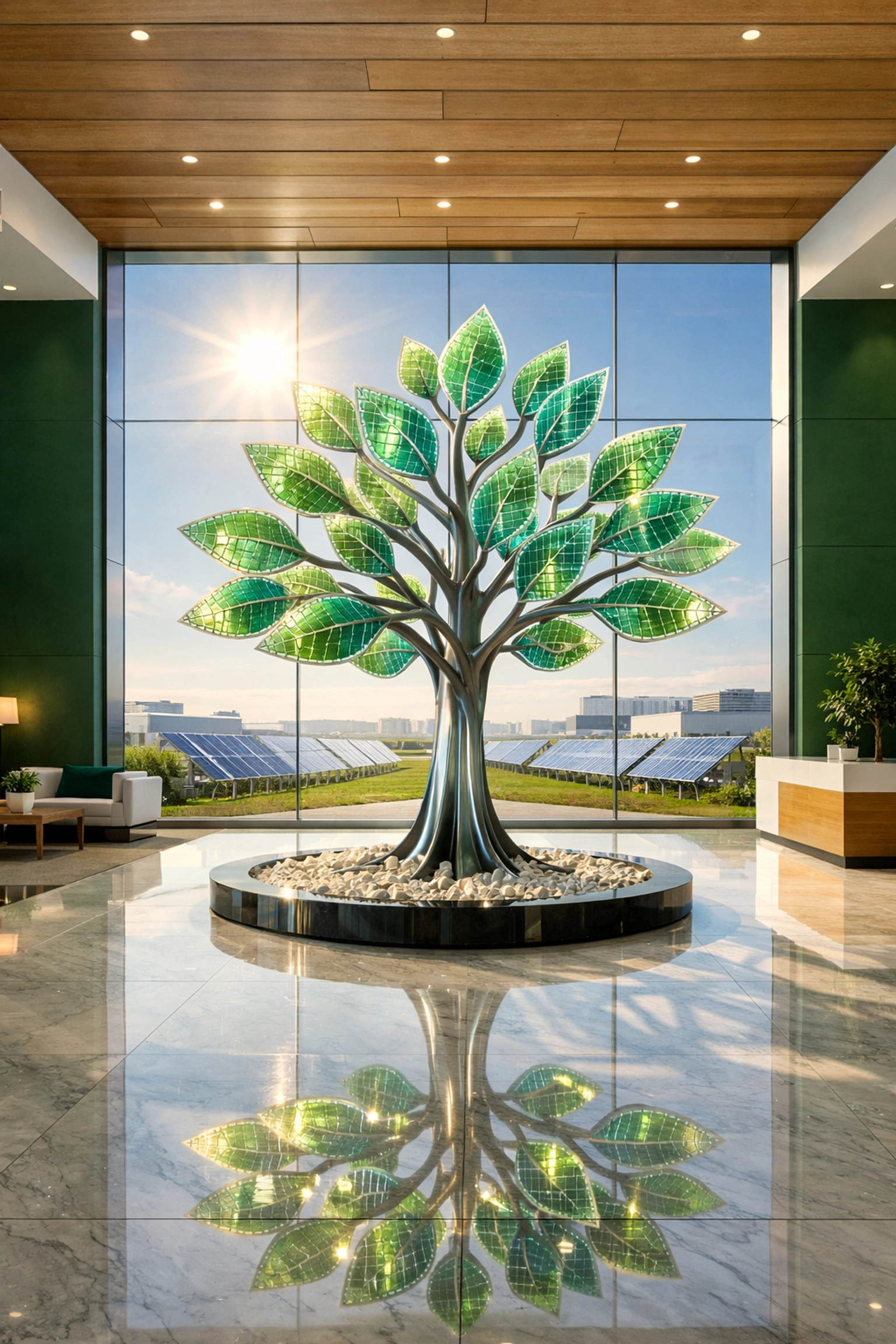 Interno di azienda moderna orientata alla sostenibilità con impianto fotovoltaico industriale.