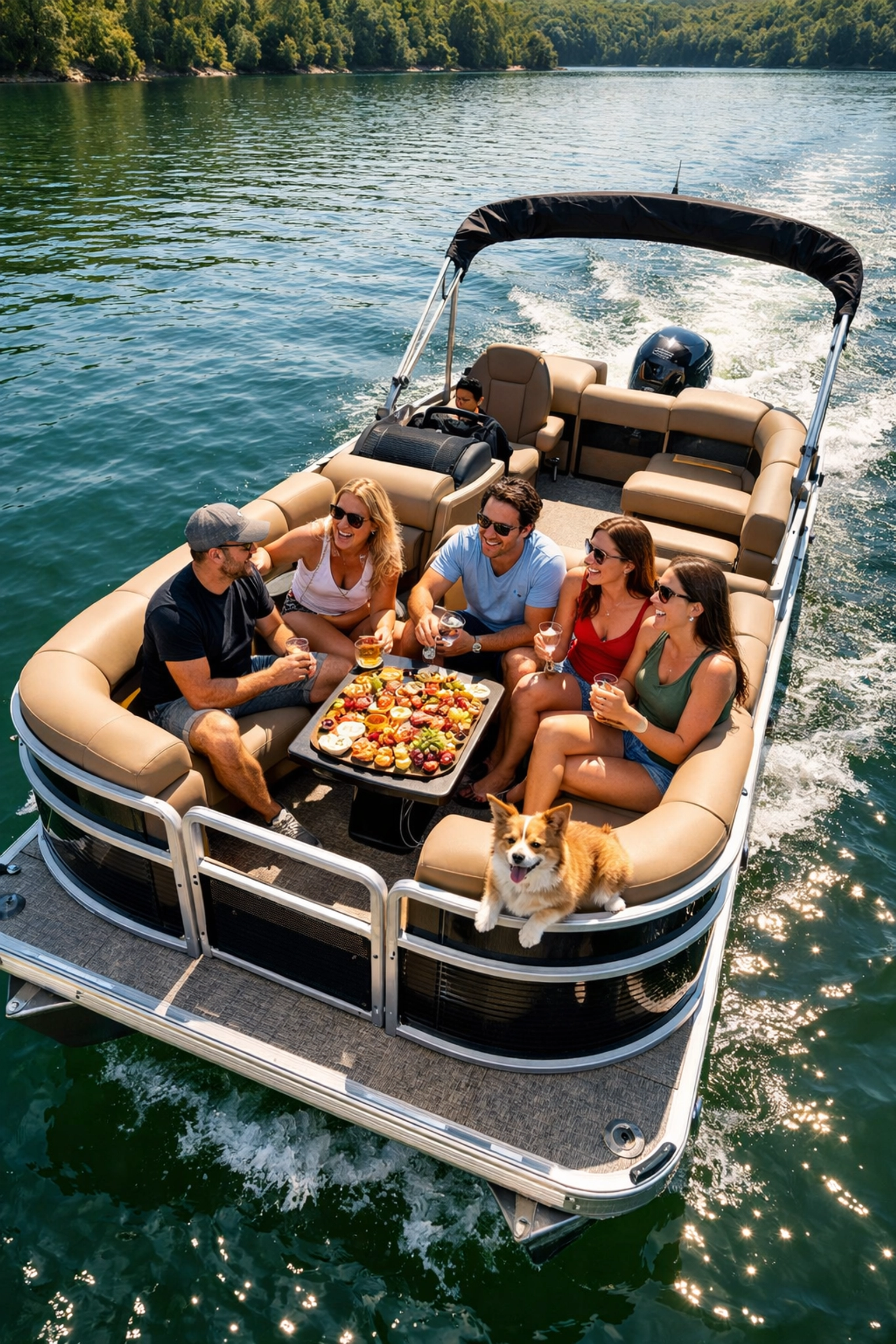 A 22-foot pontoon boat showing a spacious floating living room deck layout for a group of friends.
