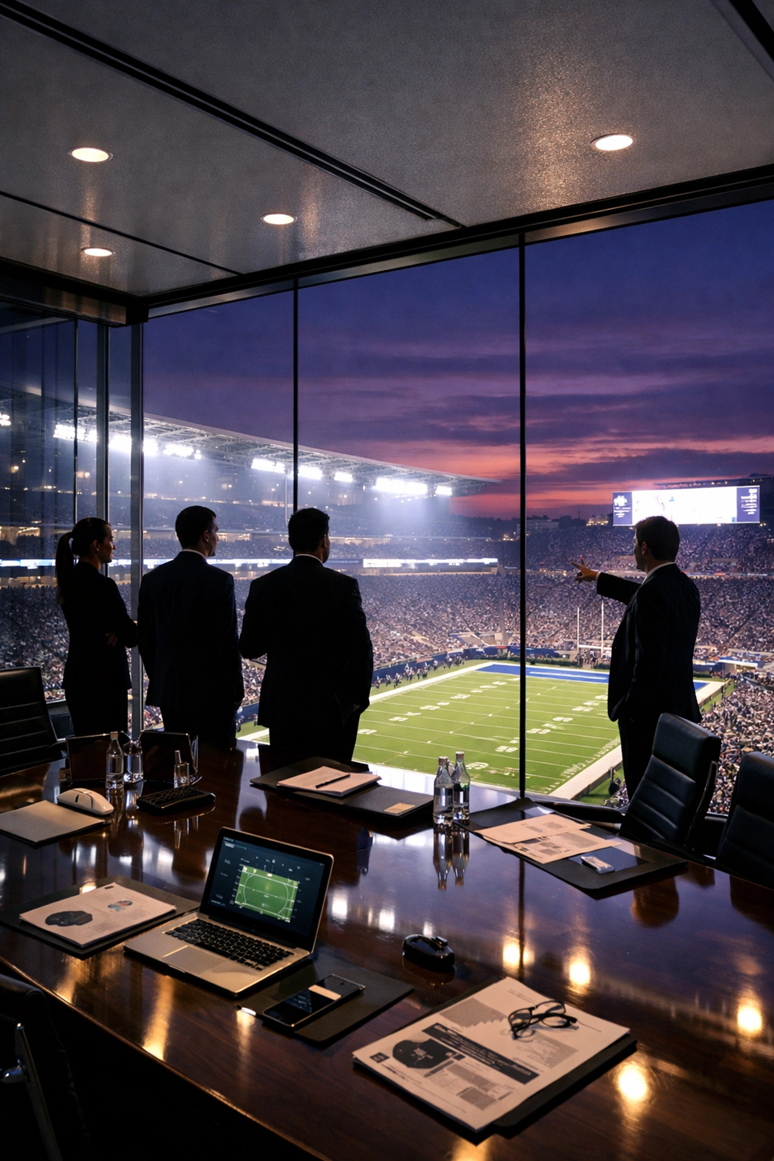 Strategic marketing team planning a sports media campaign in a modern office overlooking an illuminated stadium.