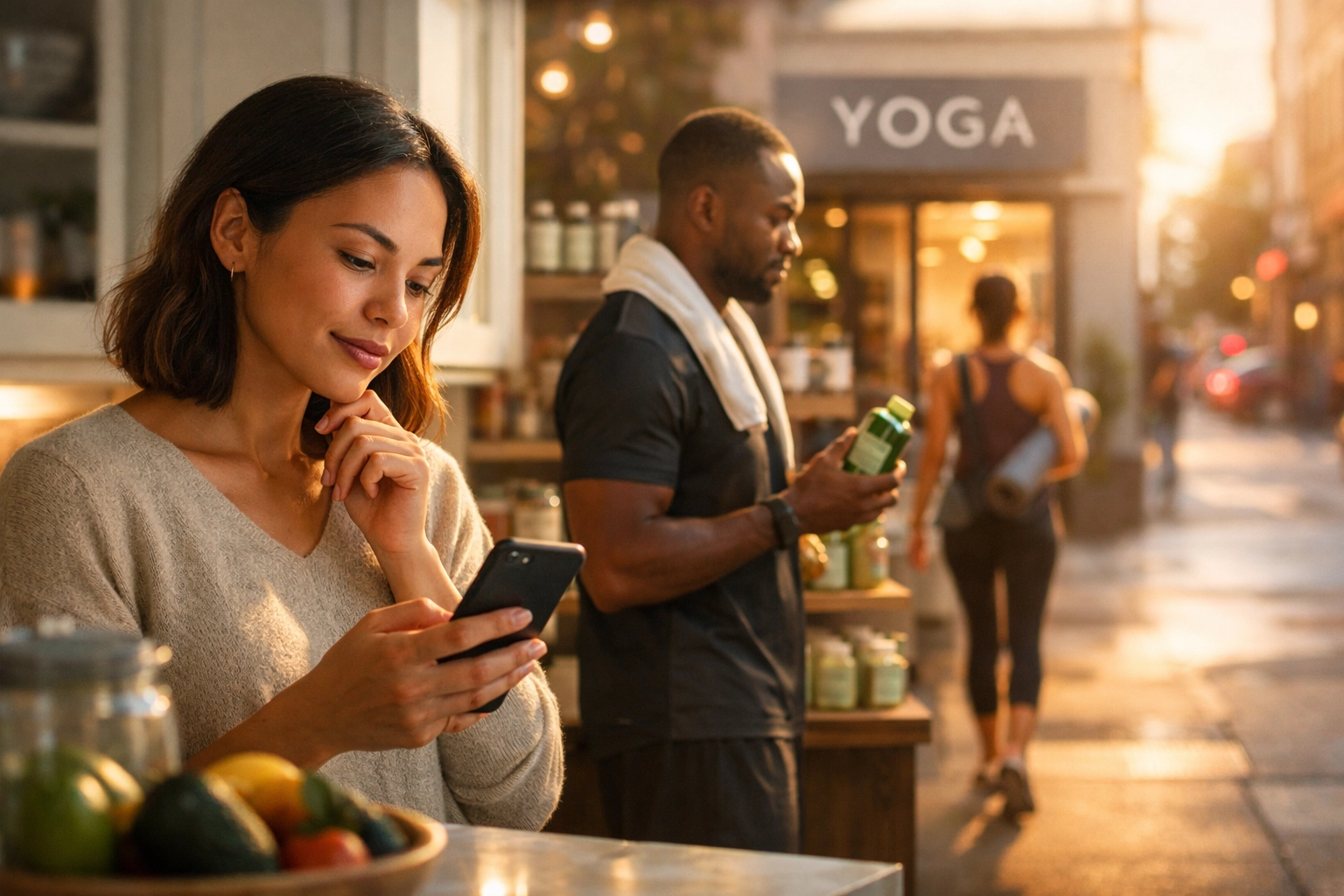 Diverse people engaged in wellness activities representing informational, commercial, and local search intent.