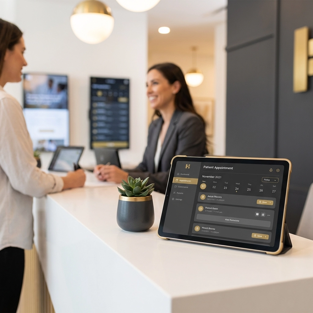 Healthcare reception with tablet scheduling patient, depicting digital transformation benefits in UK healthcare practices