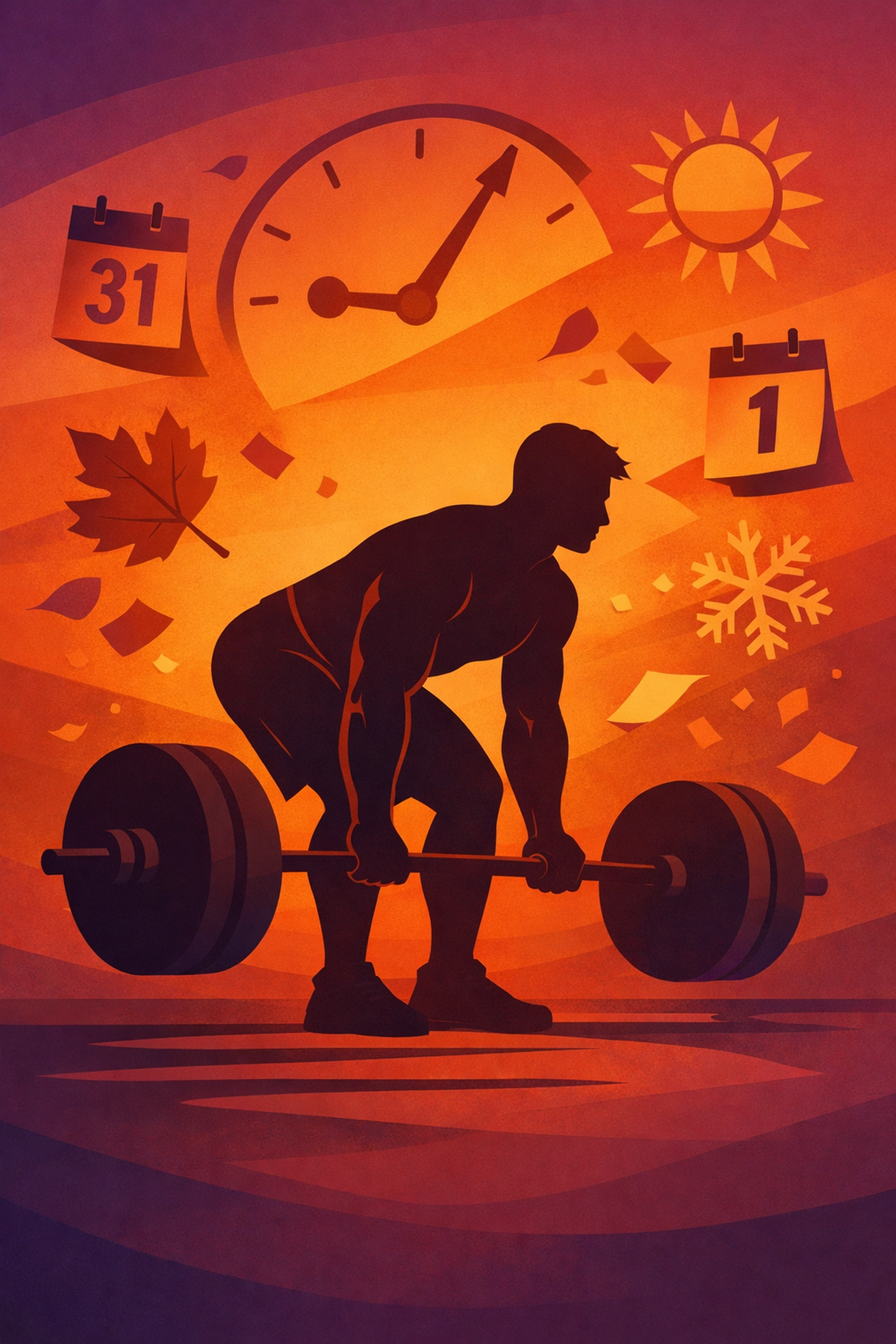Man lifting weights surrounded by time symbols representing months of gym routine
