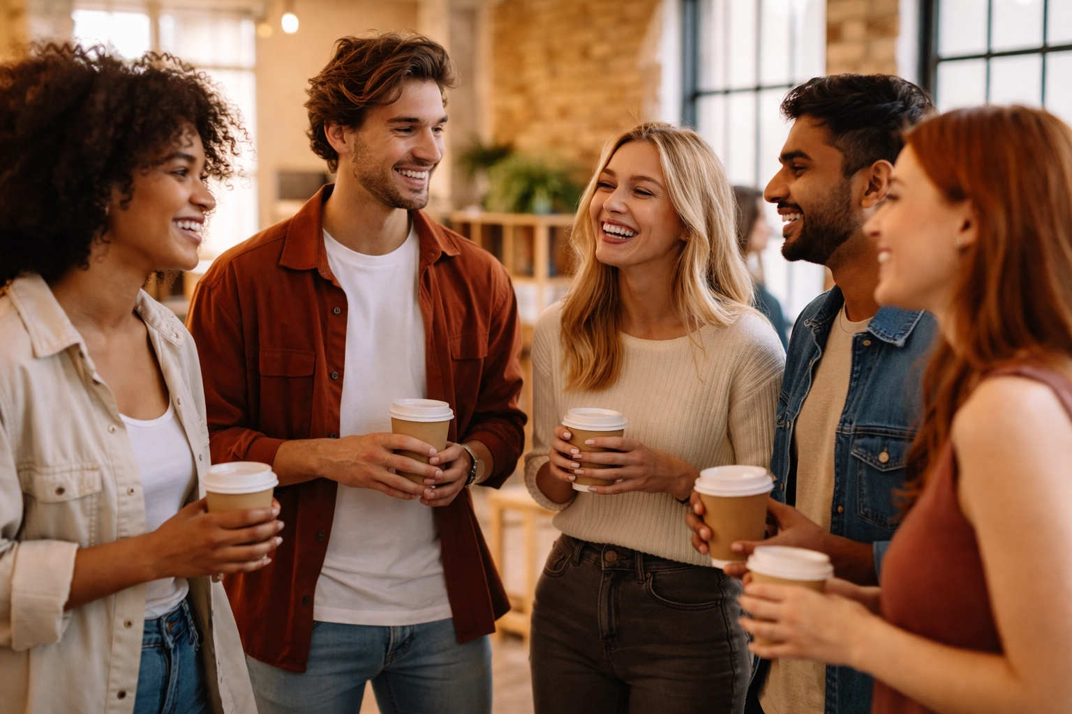 Diverse group of young professionals networking at a collaborative startup event, emphasising building connections in business.