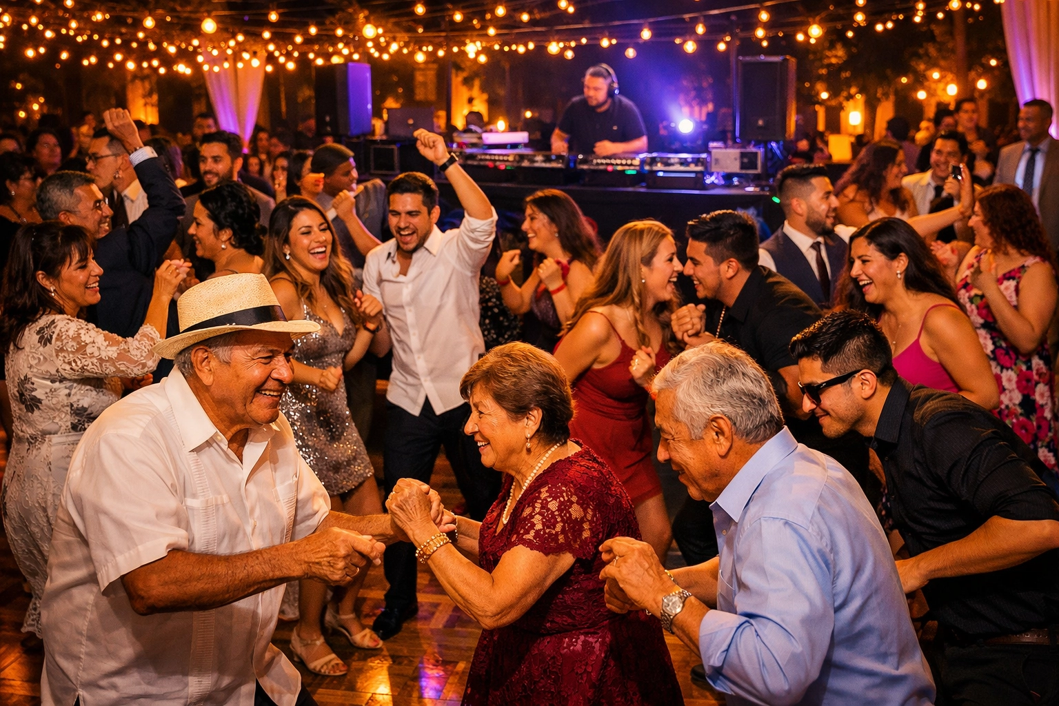 Diverse guests dancing together at multicultural wedding reception with bilingual DJ