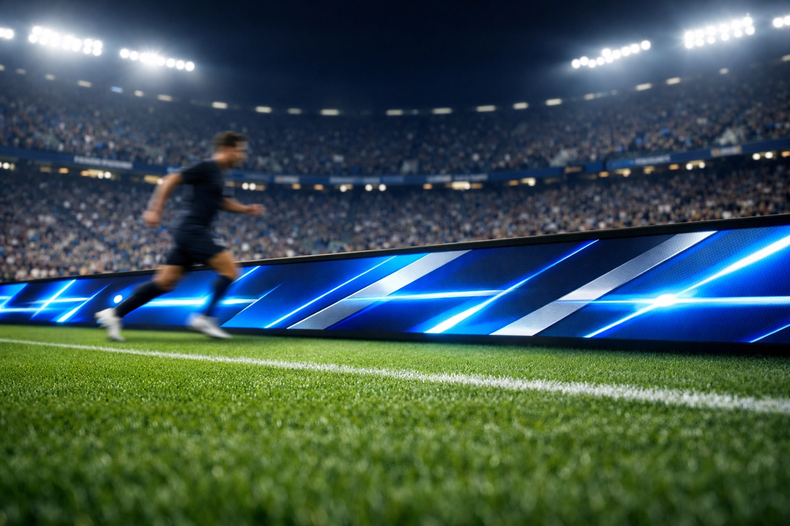 Digital LED stadium perimeter boards showcasing brand advertisements during a professional soccer game.