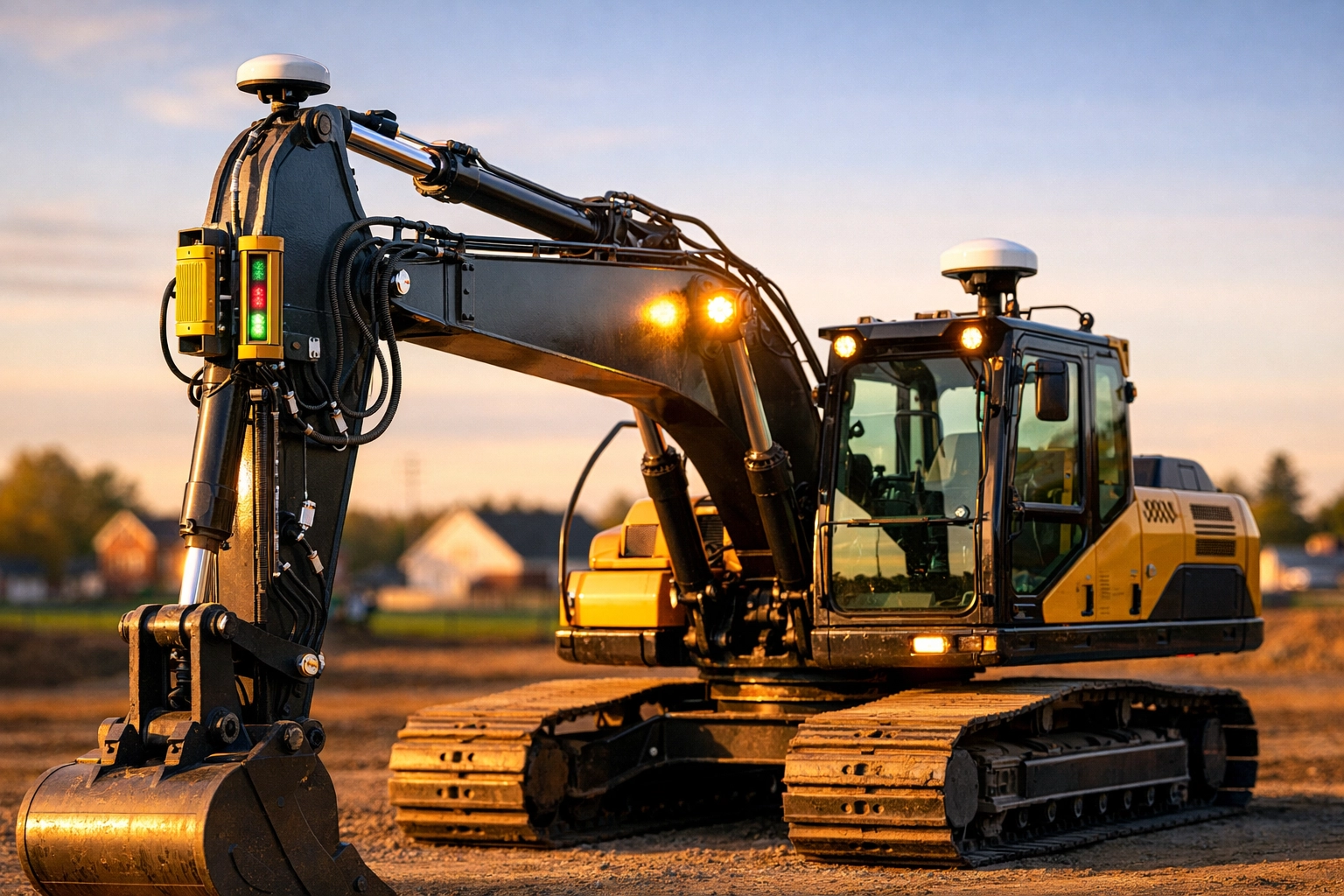 Modern heavy excavator with GPS sensors performing precision excavation on a Michigan site.