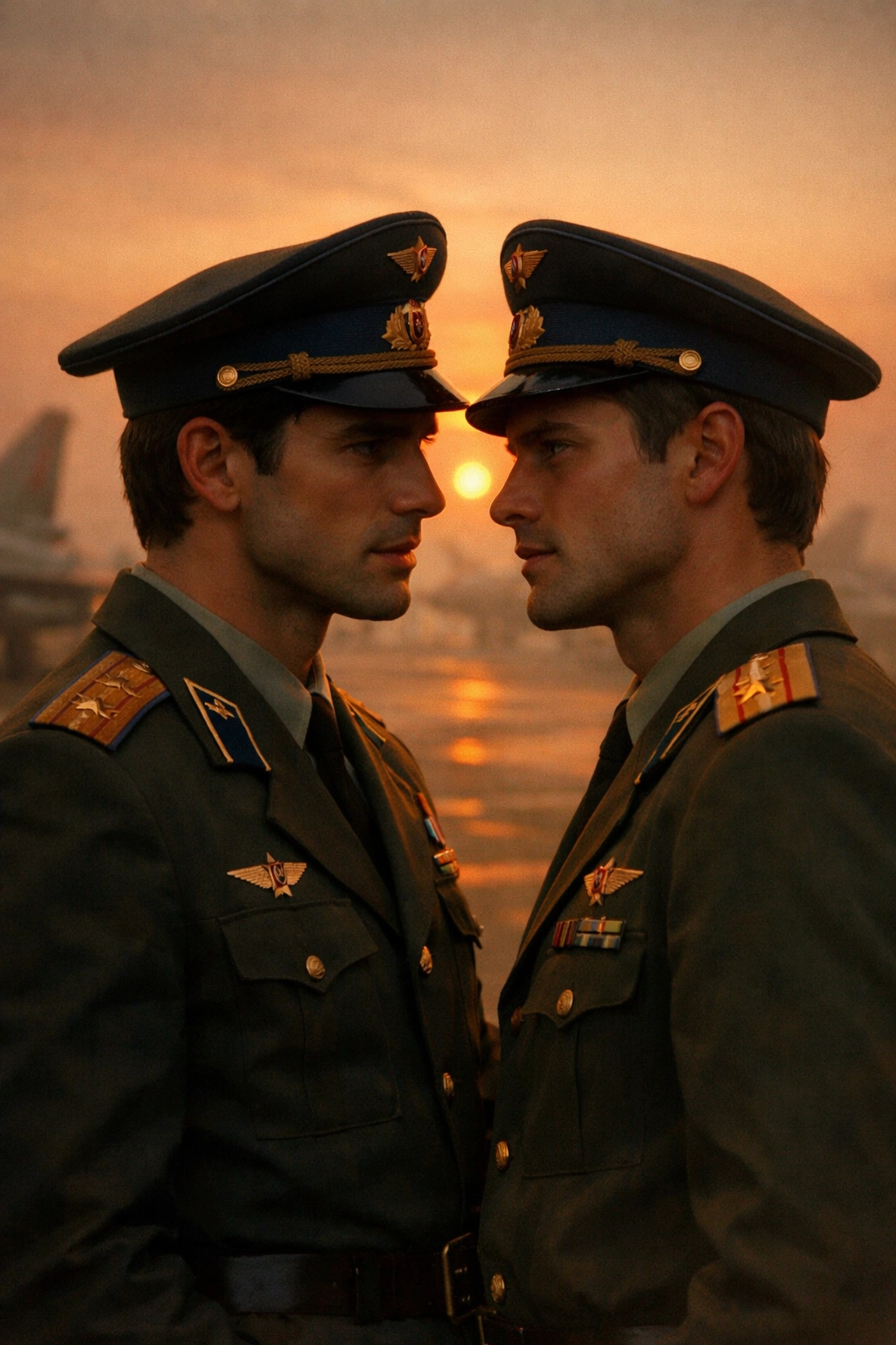 Sergey and Roman from Firebird movie, Soviet Air Force officers in intimate moment at military base