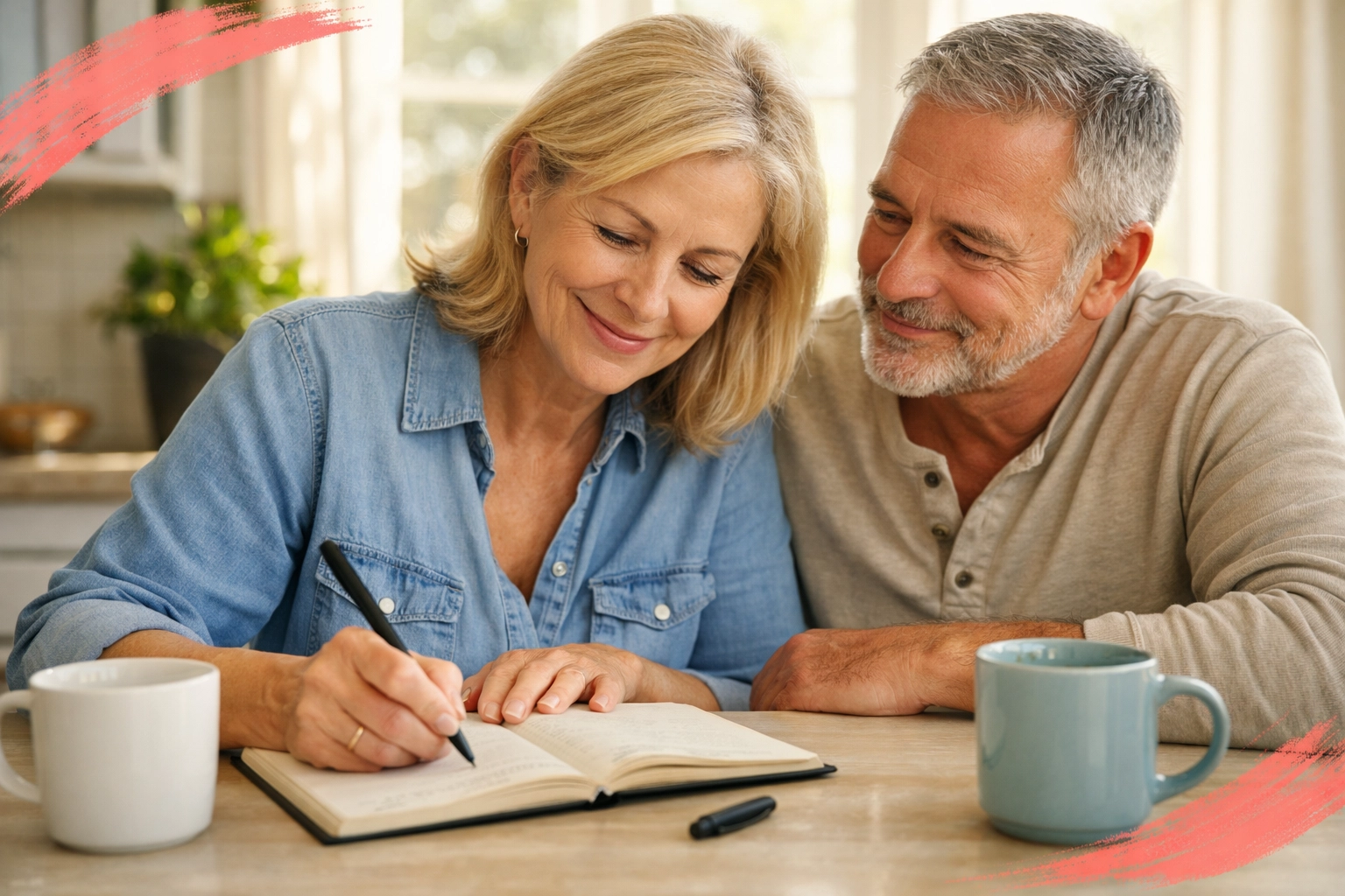 Couple planning downsizing move at kitchen table with notebook and coffee